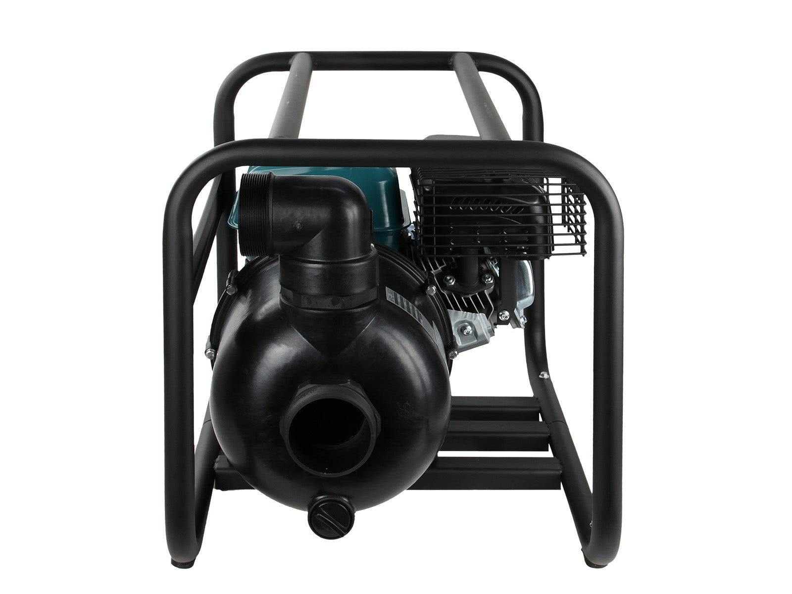 Czarna pompa wodna z czarną ramą na białym tle.