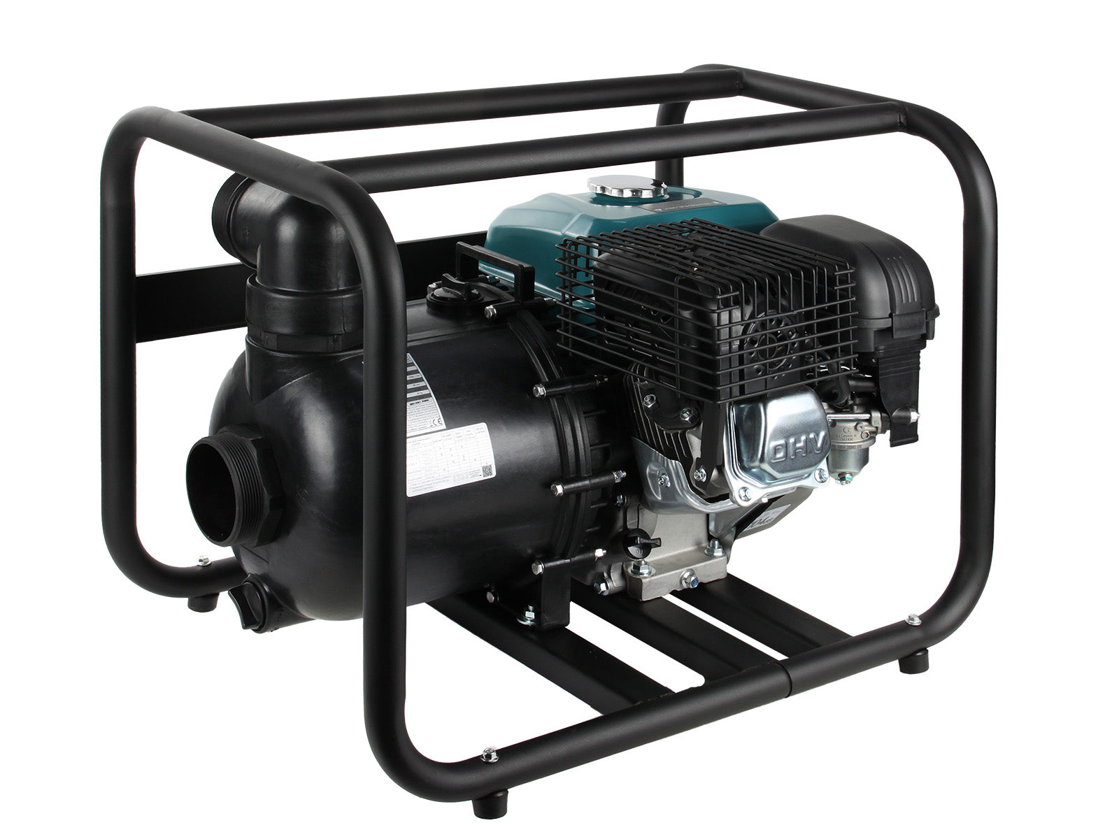 Czarna pompa wodna z czarną ramą, silnikiem i turkusowymi elementami, na białym tle.