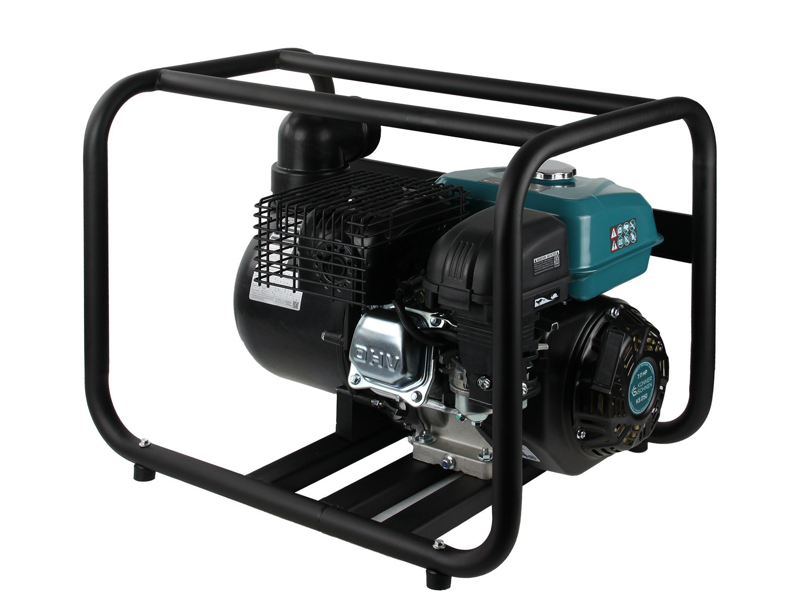 Pompa wodna w czarnej ramie, z czarnym i turkusowym silnikiem.