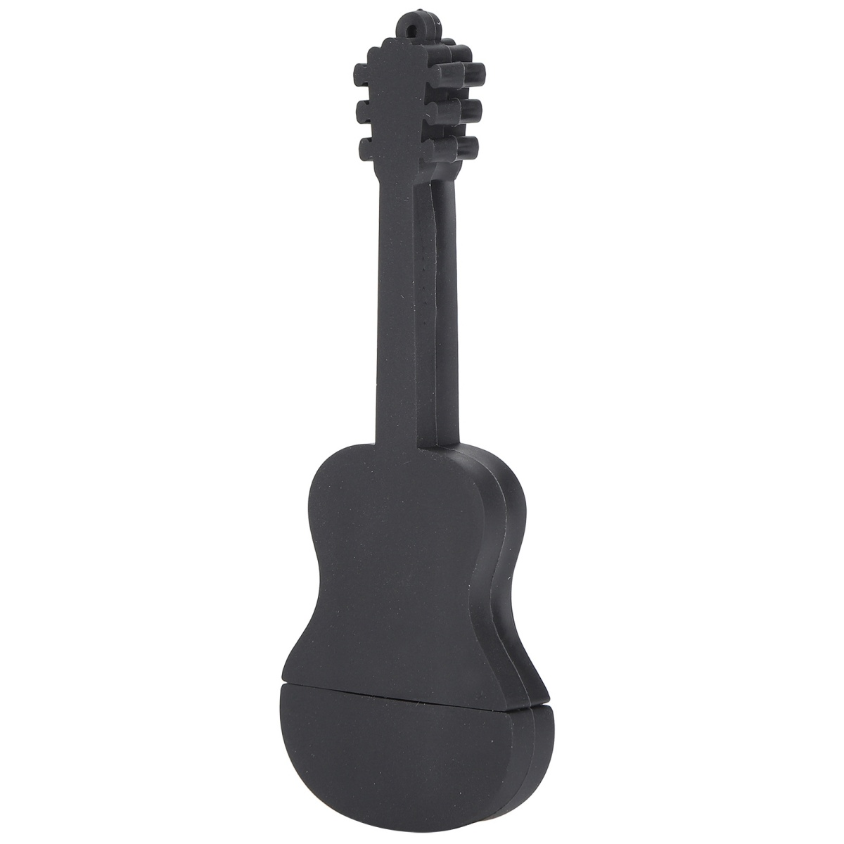 Ein schwarzer USB-Stick in Gitarrenform. Er hat einen Hals und einen abgerundeten Körper.
