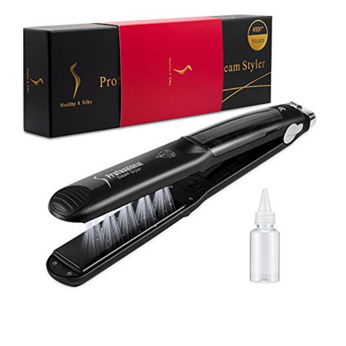 Dampf-Styler: schwarz, mit Schachtel und kleiner Flasche. Der Styler ist geöffnet und gibt Dampf ab.