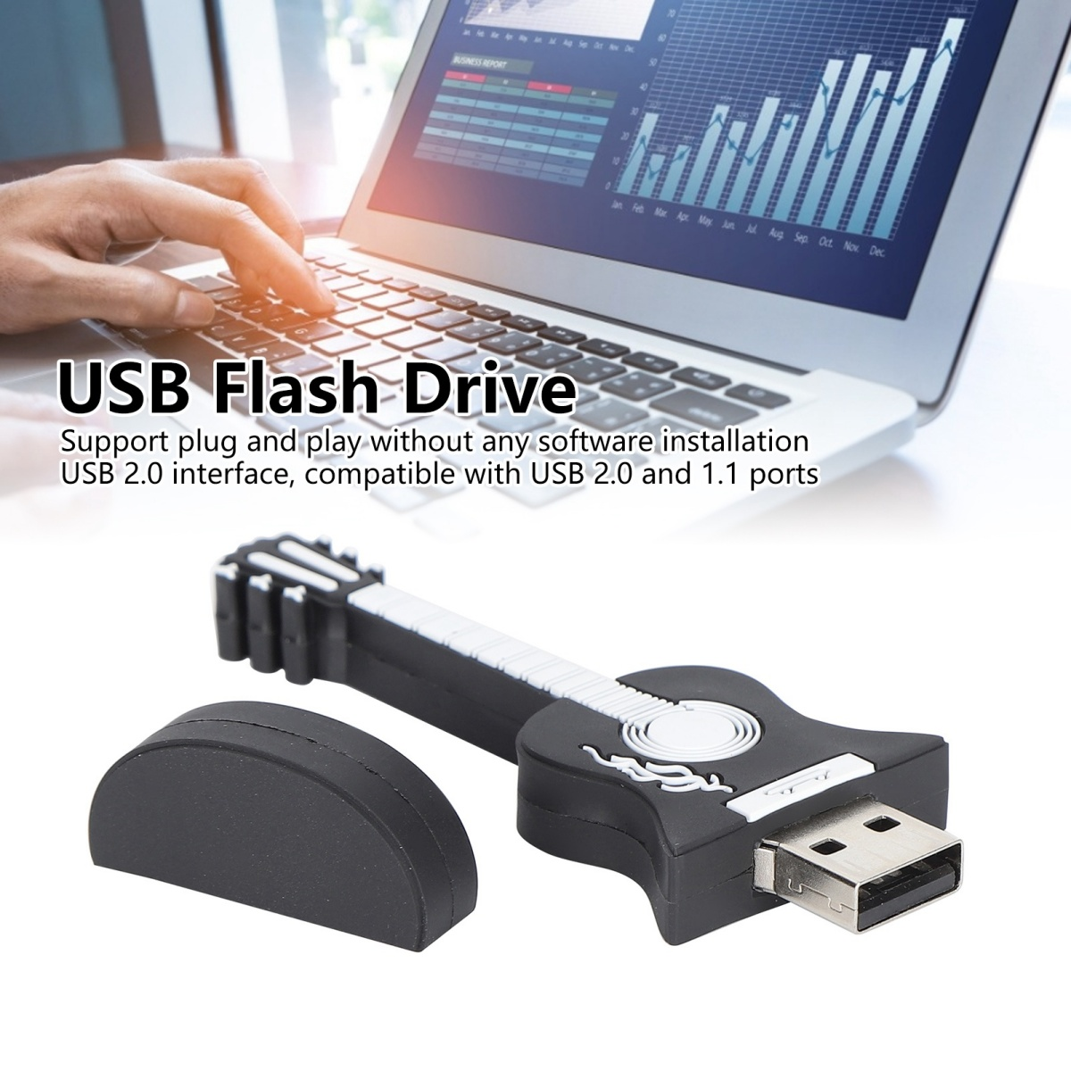 Ein gitarrenförmiger USB-Stick neben einem Laptop mit Text über USB-Funktionen.