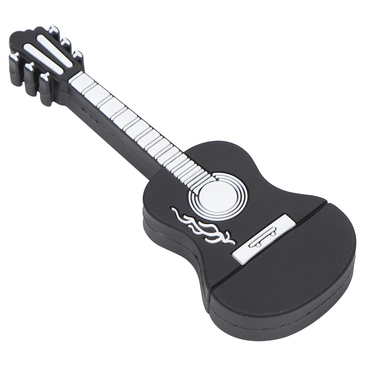 Ein schwarzer USB-Stick in Gitarrenform. Er befindet sich auf weißem Hintergrund mit weißen Akzenten.