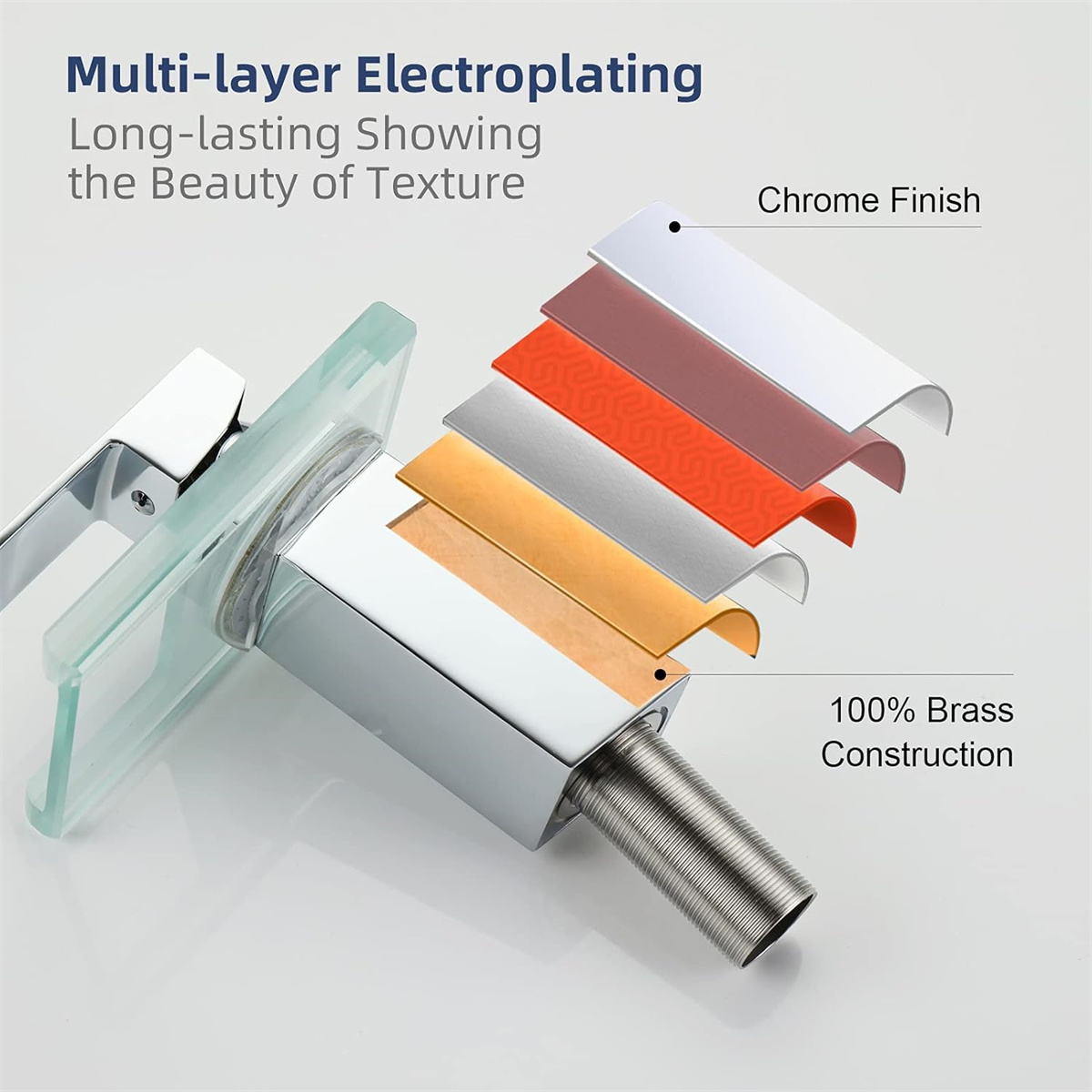 Mehrschichtige Chromarmatur mit Messingkonstruktion. Zeigt Farbschichten und Textur.