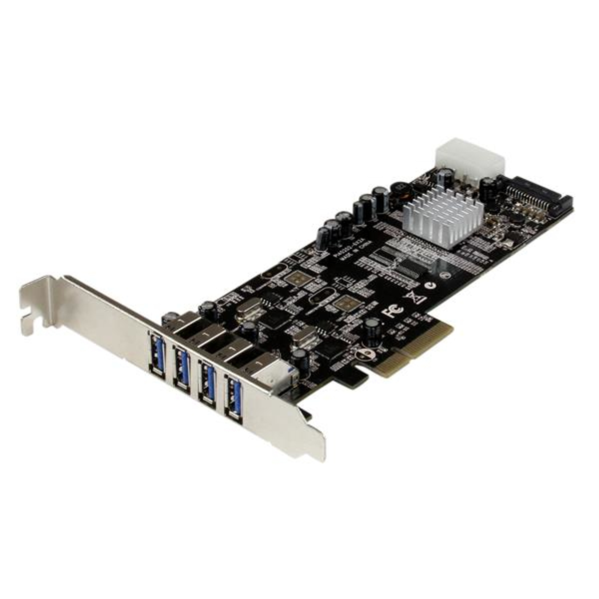 Schwarze USB 3.0 Erweiterungskarte für einen Computer. Es hat vier USB-Anschlüsse und ein Kühlelement.