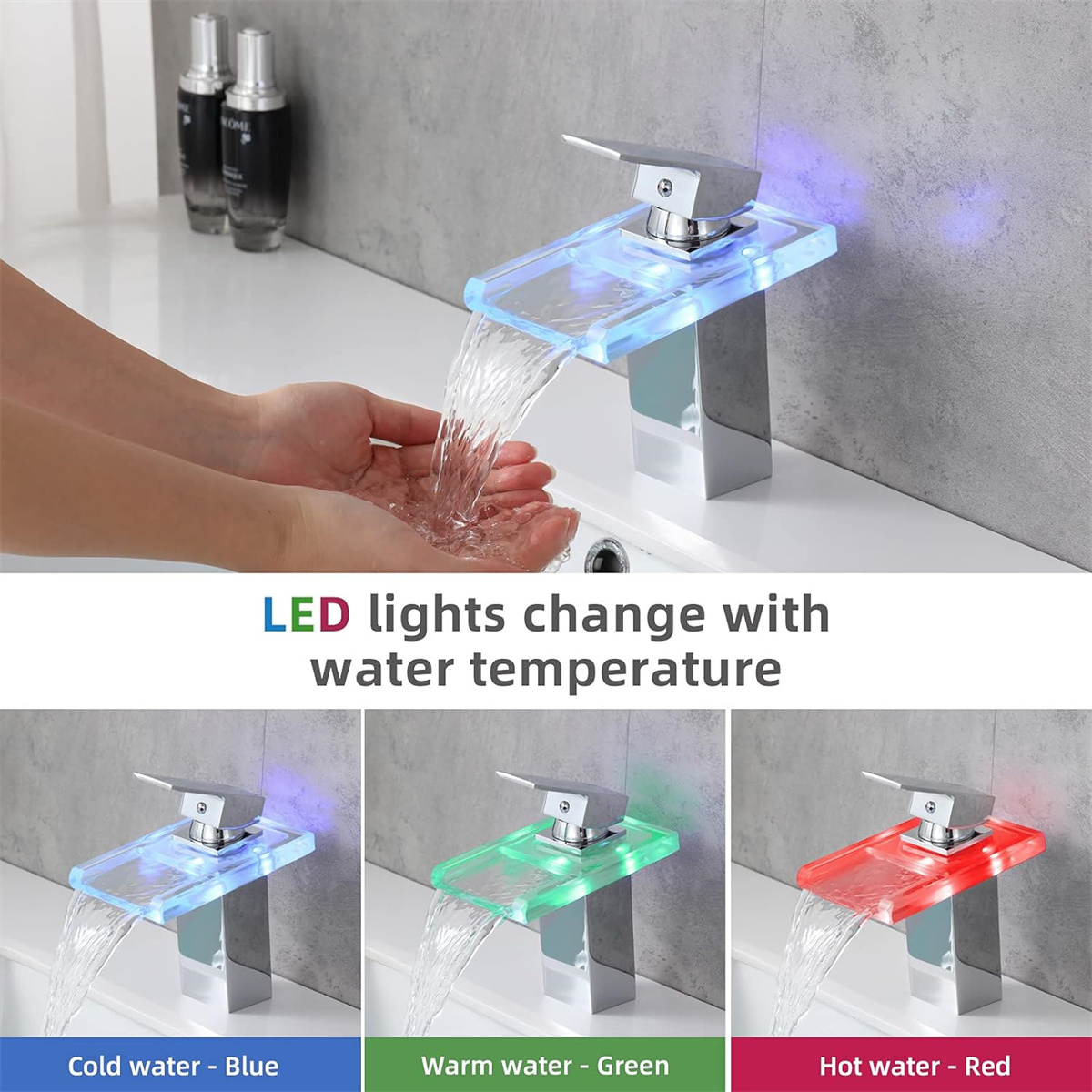 Ein silberner Wasserhahn mit LED-Leuchten, die sich mit der Wassertemperatur verändern: blau, grün, rot.