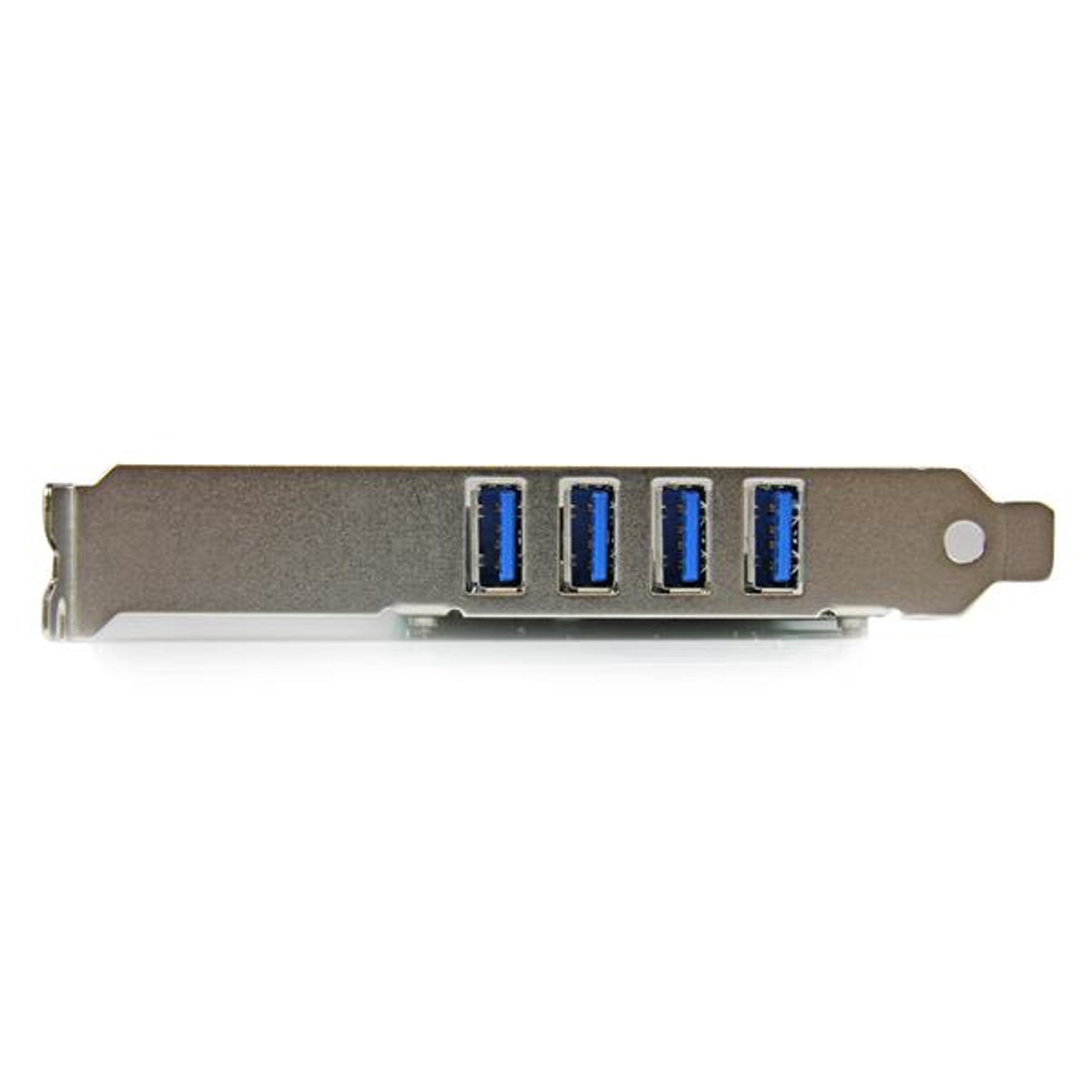 Silberne Computerkarte mit vier blauen USB-Anschlüssen auf weißem Hintergrund.