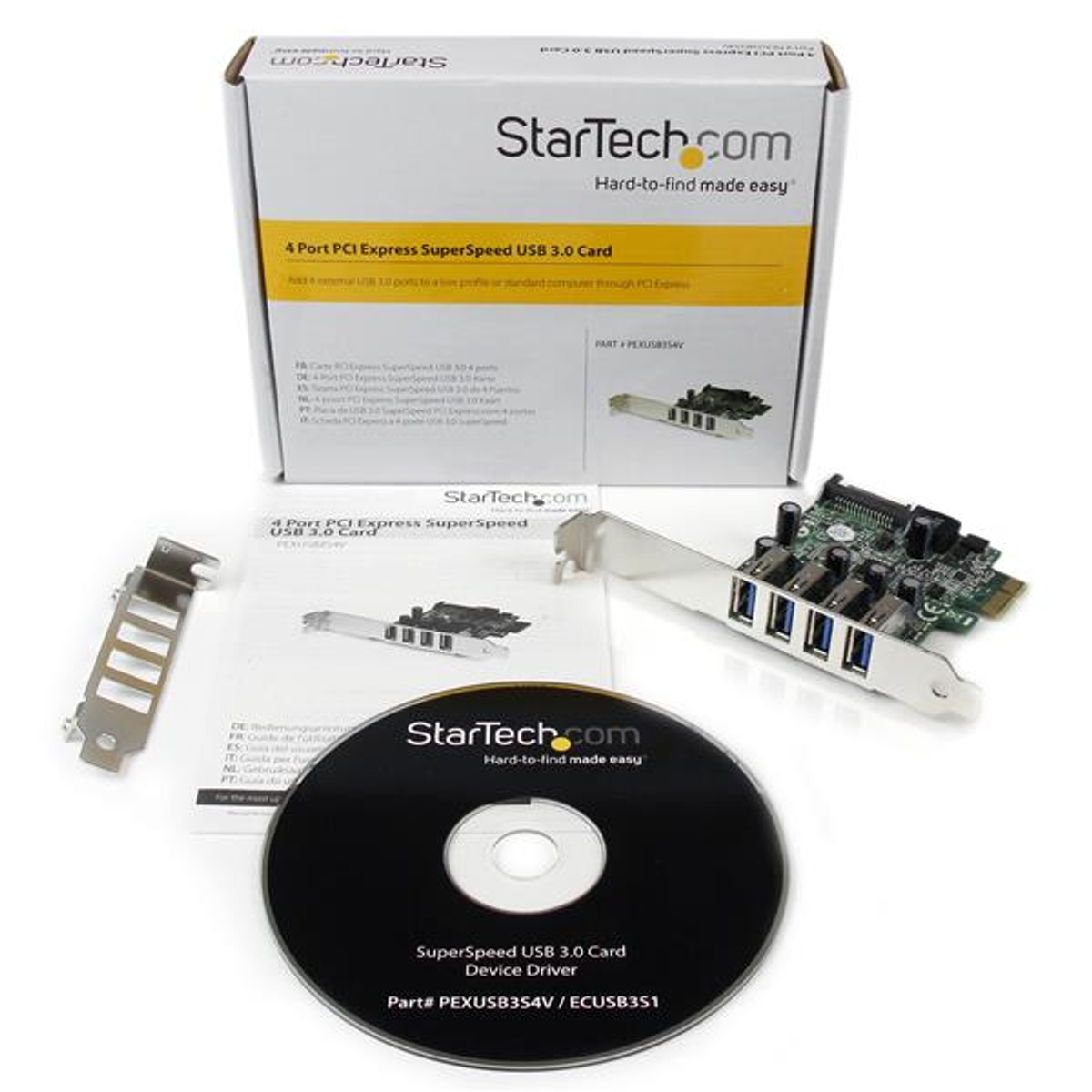 Weiße Box mit 'StarTech.com' und einer USB 3.0-Karte mit Zubehör auf weißer Oberfläche.