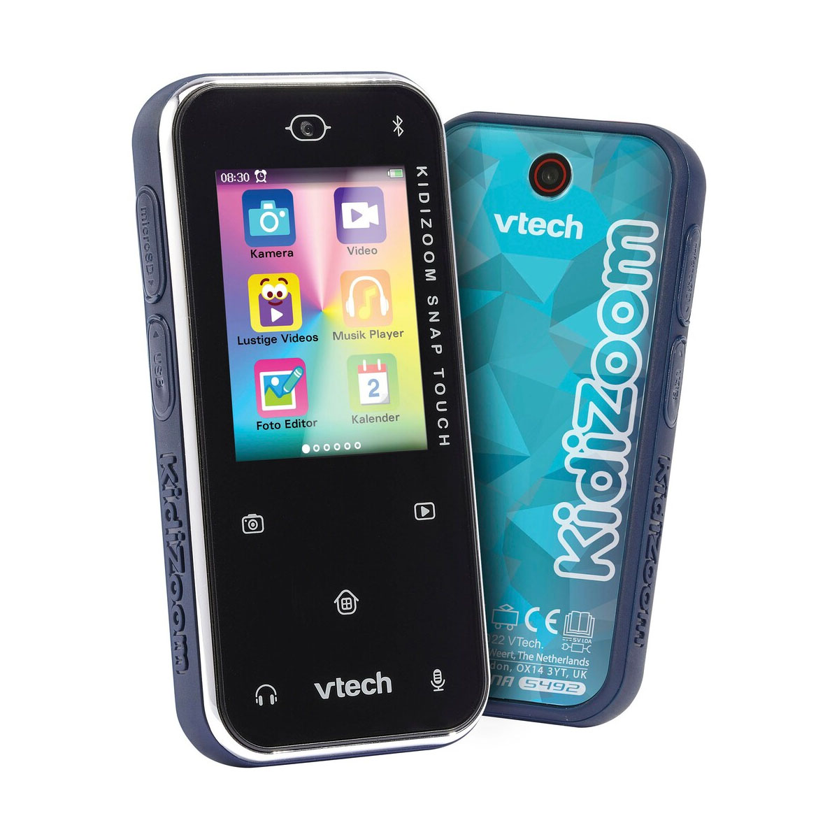 Un VTech Kidizoom Snap Touch blu con app sullo schermo e sul retro.