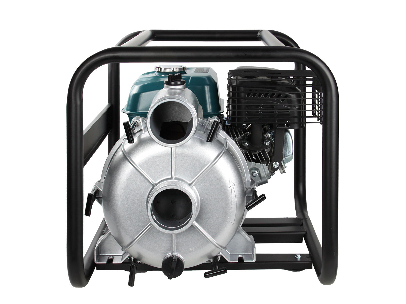 Eine silberne Wasserpumpe mit schwarzem Rahmen. Die Pumpe hat einen Motor und Ein-/Auslassöffnungen.