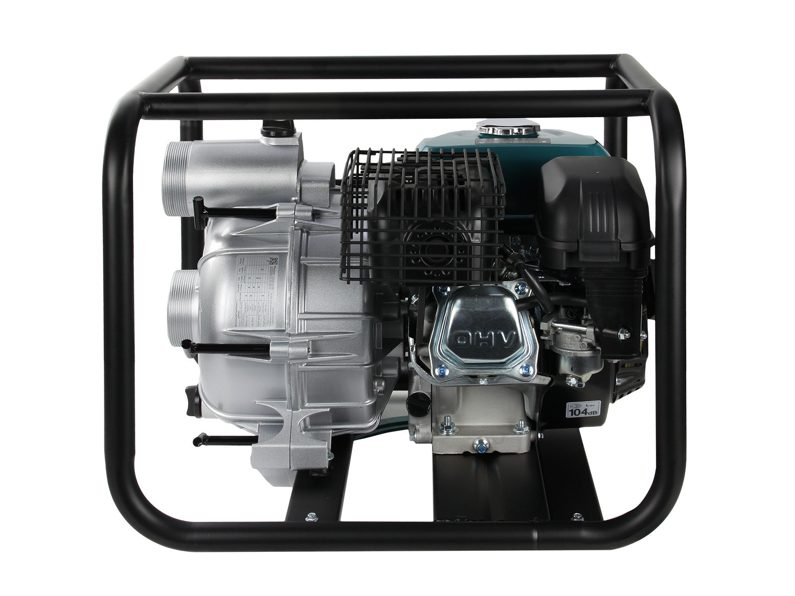 Wasserpumpe in schwarzem Metallrahmen, Metallgehäuse und schwarzem Motor.