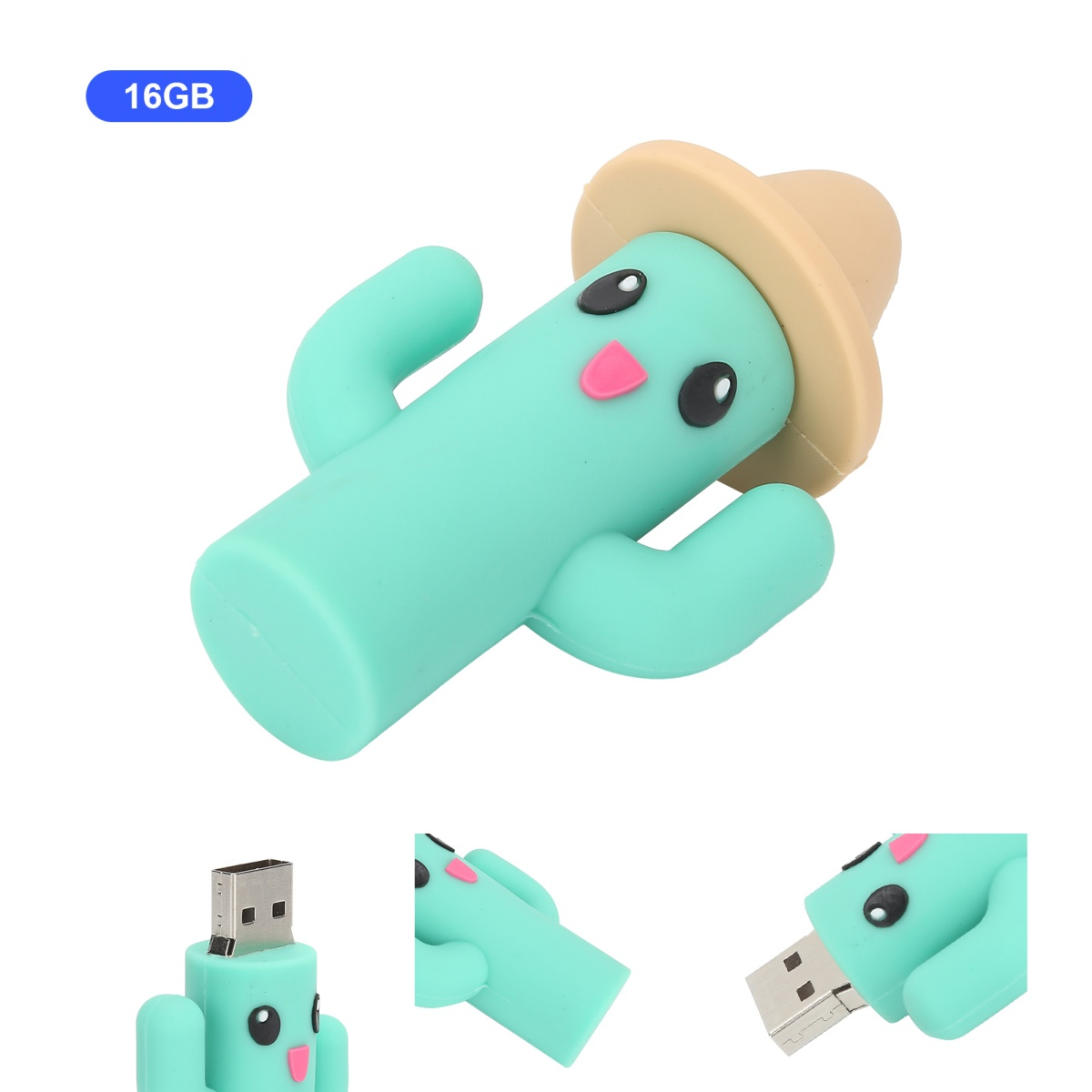 Kaktusförmiger USB-Stick in Grün, mit Hut. Zusätzliche Ansichten enthalten.