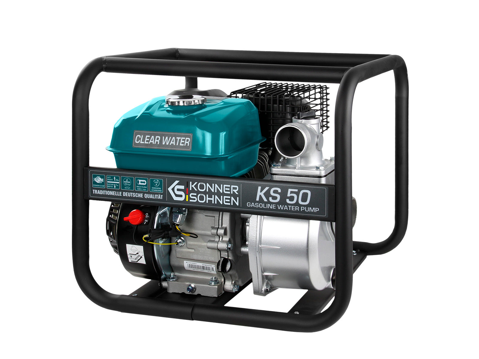 Benzynowa pompa wodna z turkusowym zbiornikiem paliwa, czarną ramą i srebrnym silnikiem.