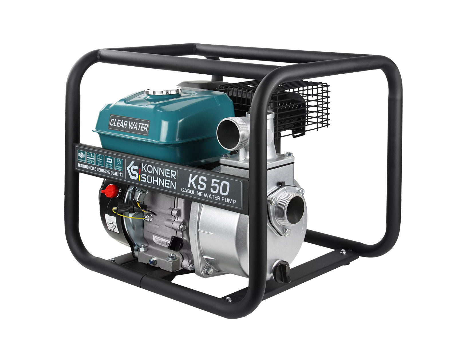 Pompa wodna na benzynę w czarnej metalowej ramie. Ma zielony wierzch i srebrny korpus.