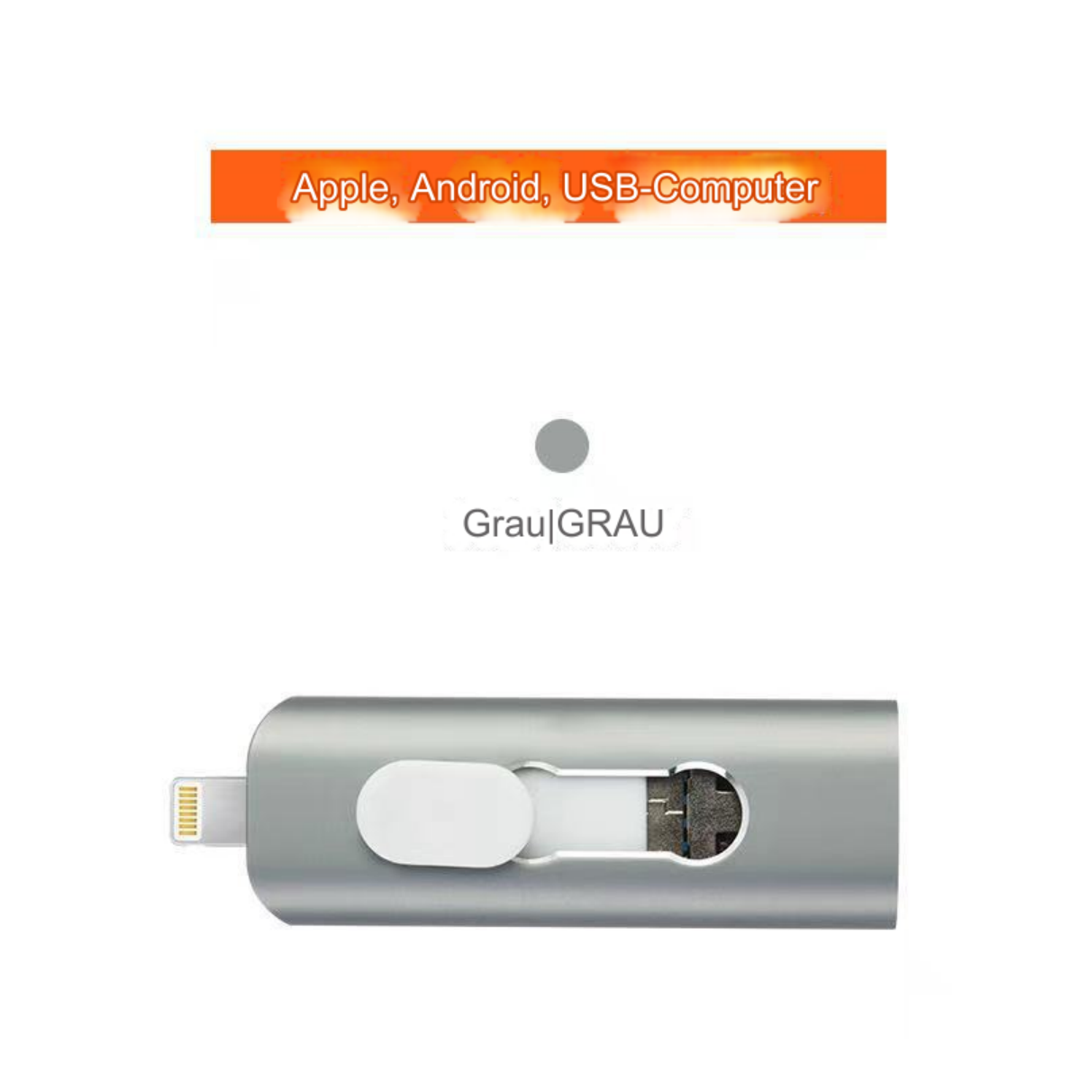 Silberner USB-Stick mit Stecker an der Seite. Text Apple, Android, USB-Computer sichtbar.