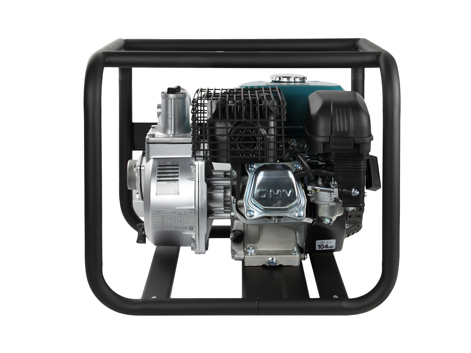 Silnik pompy wodnej w metalowej ramie na białym tle. Ma czarną ramę.