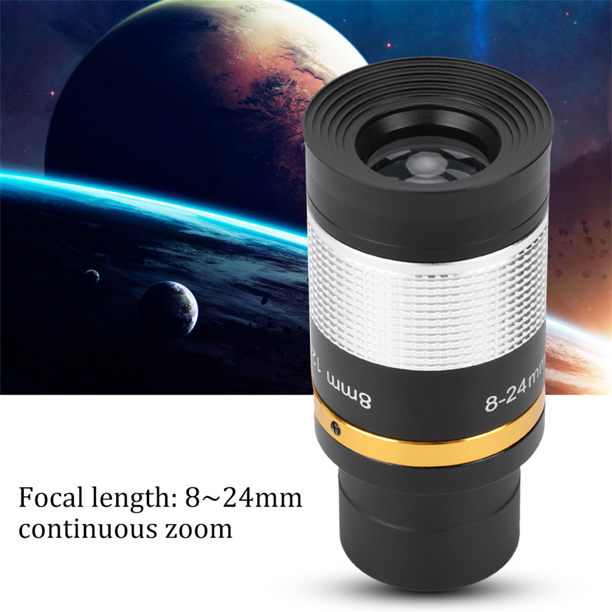 Teleskopokular, das den Himmel zeigt, mit Text, der die Brennweite 8-24 mm Zoom angibt.