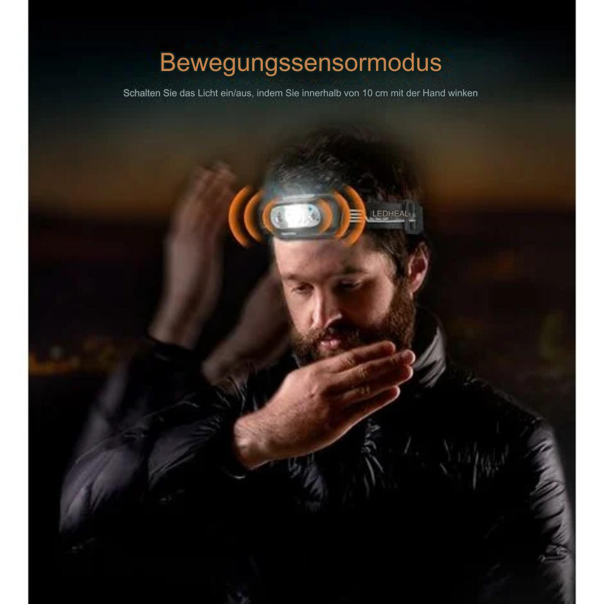 Ein Mann trägt eine Stirnlampe. Das Bild zeigt, wie der Bewegungssensor aktiviert wird.