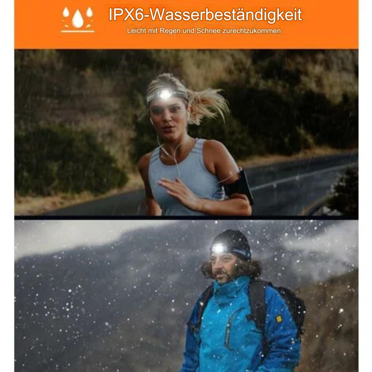 Zwei Personen mit Stirnlampen, die im Regen und Schnee laufen. Text sagt IPX6 wasserdicht, geeignet für Regen und Schnee.