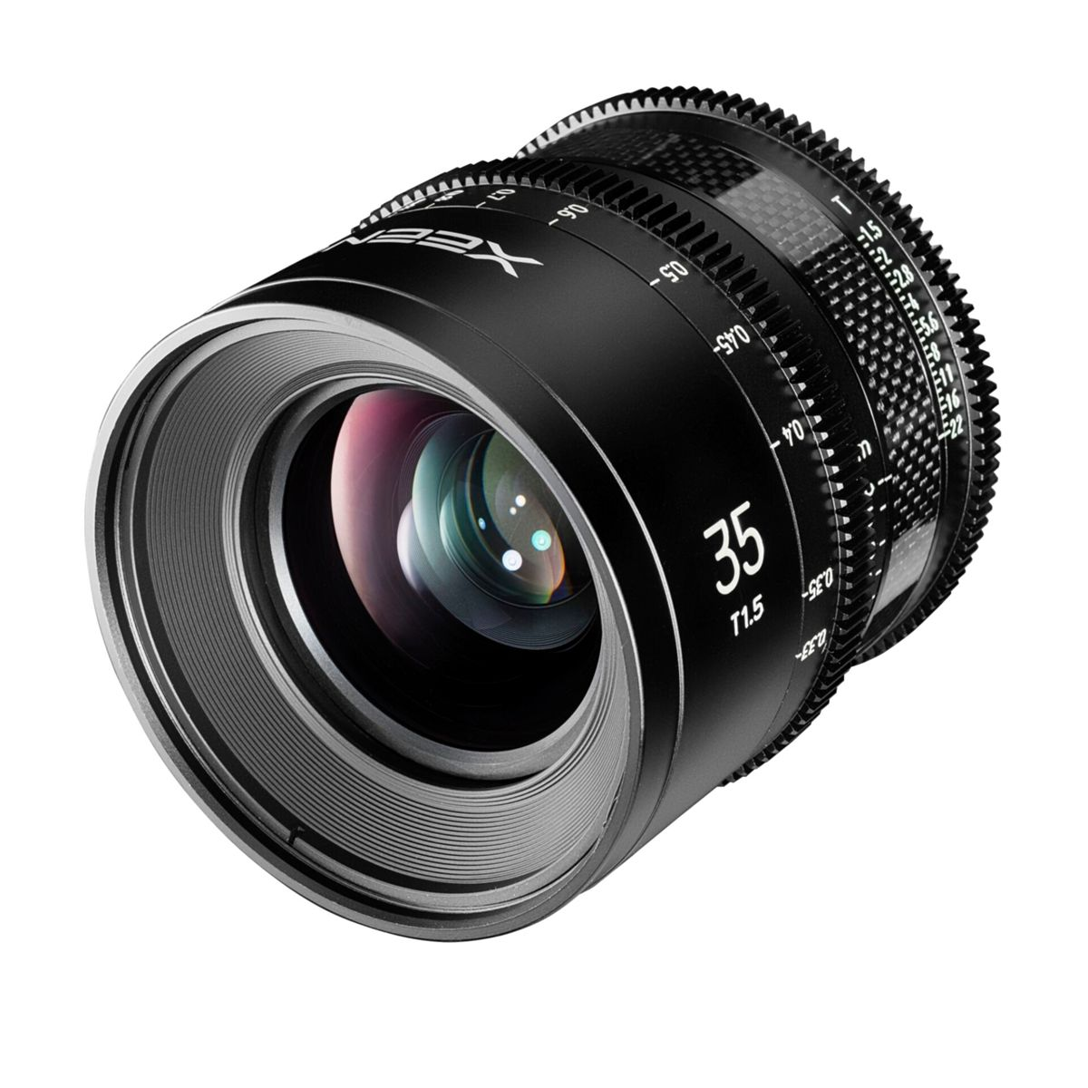 Czarny obiektyw 35 mm. Ma czarny korpus z pierścieniami ostrości i przysłony.