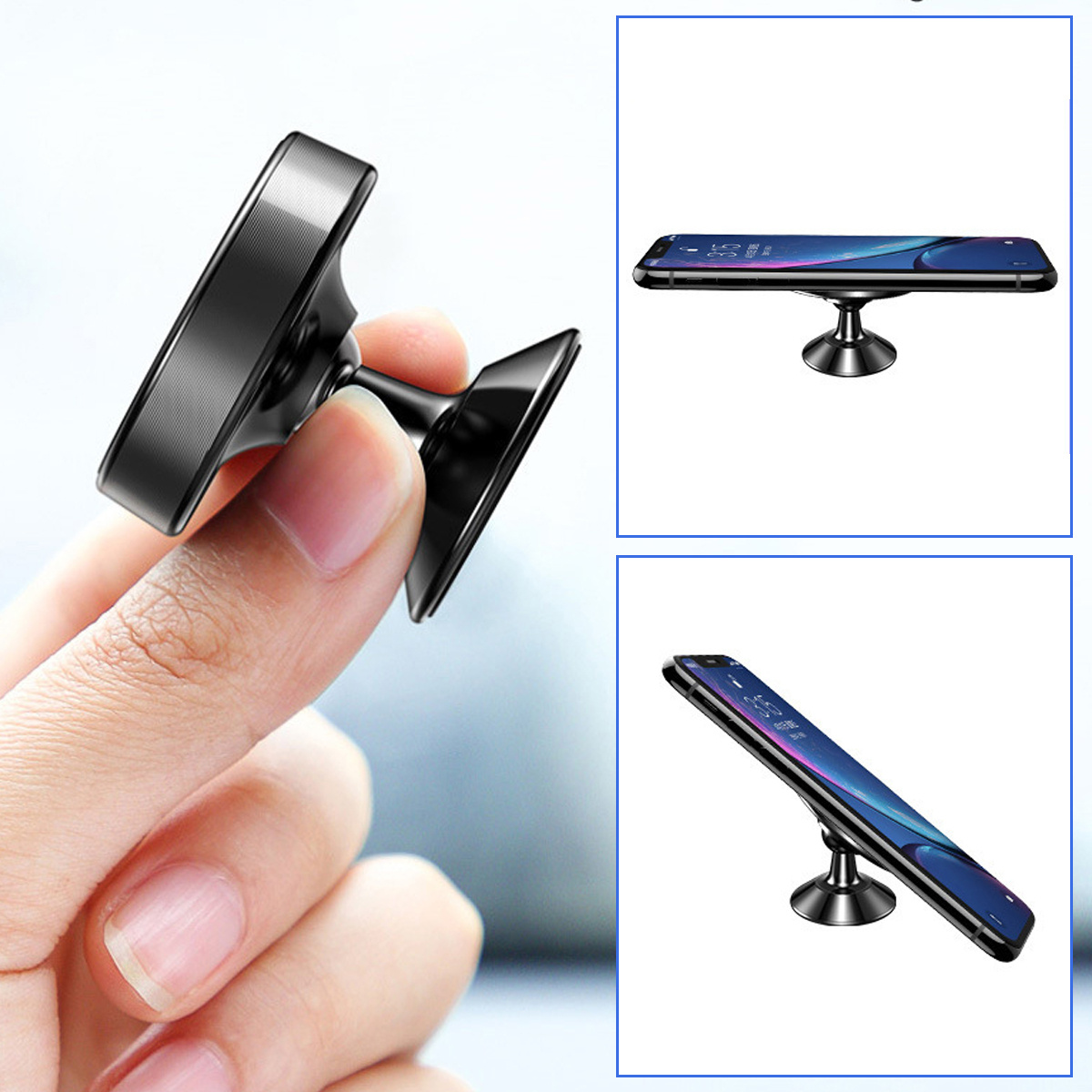 Ein schwarzer metallischer Telefonhalter mit magnetischer Oberfläche, der ein Telefon hält.