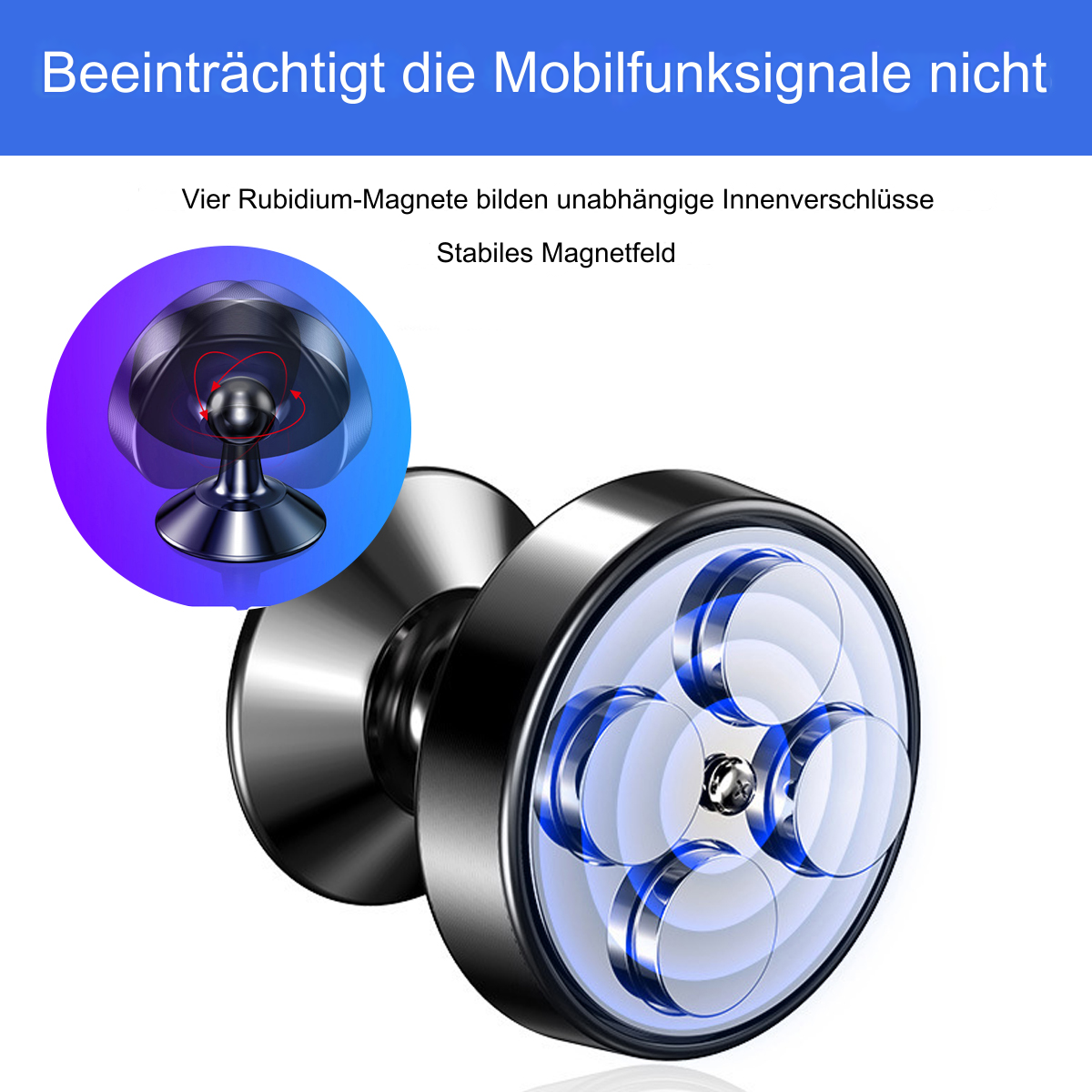Silberne Autohalterung mit vier blauen Ringen und einem Diagramm mit roter Herzform.
