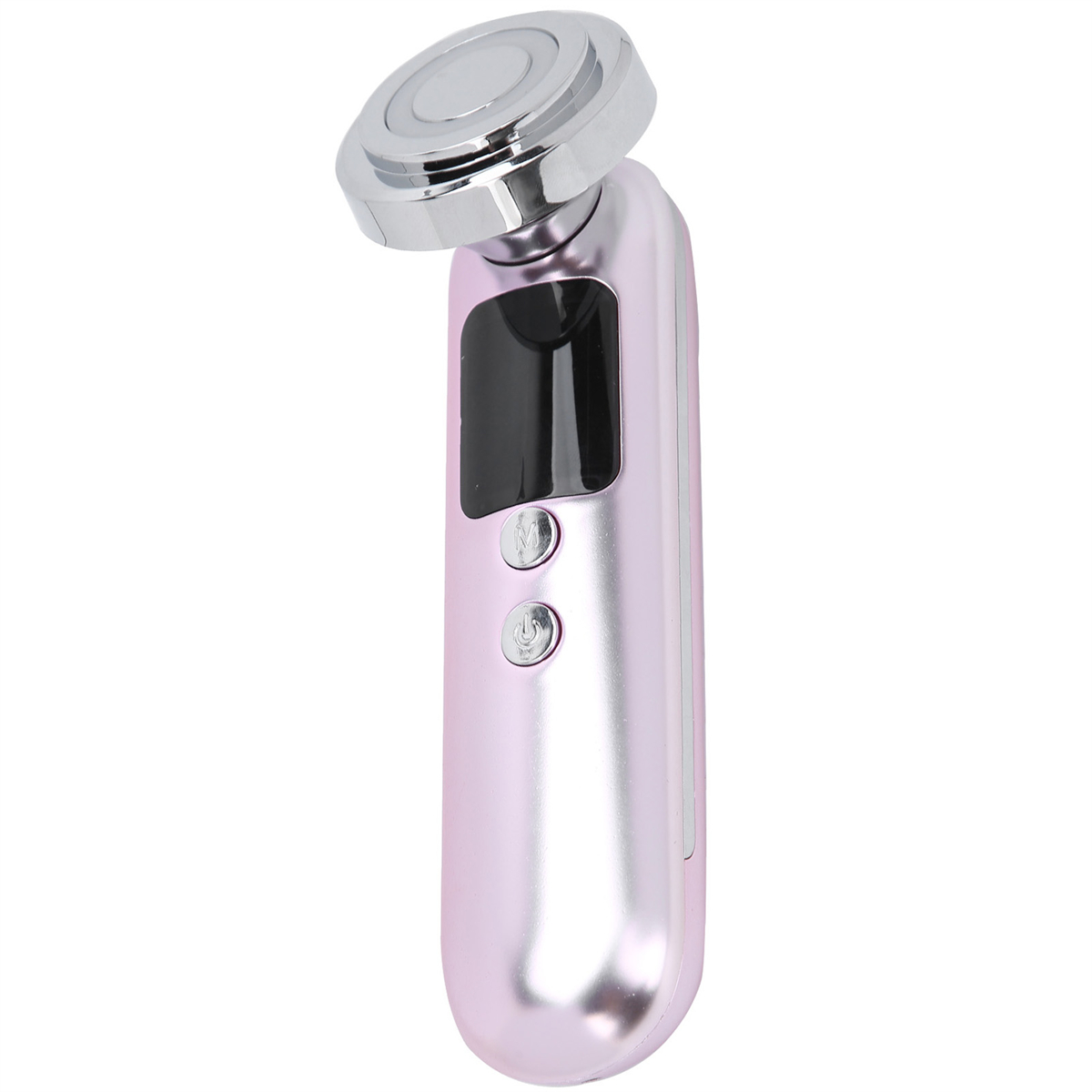 Ein rosa Schönheitsgerät mit silbernem Aufsatz, kleinem Bildschirm und zwei Knöpfen.