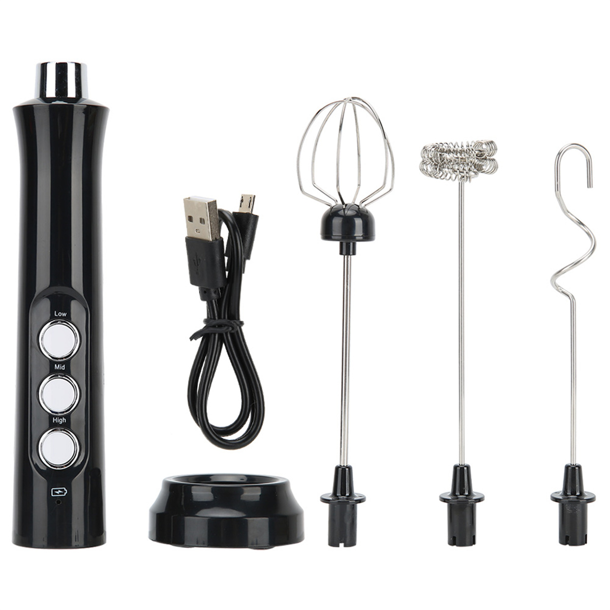 Schwarzer Handmixer mit Aufsätzen. Enthält einen Schneebesen, Aufschäumer und Haken.