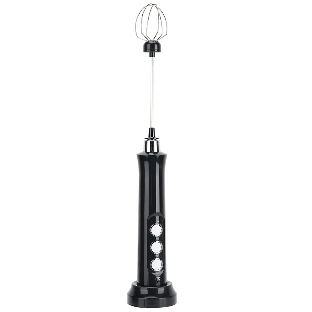 Schwarzer Handmixer mit drei weißen Knöpfen und einem silbernen Schneebesen-Aufsatz.