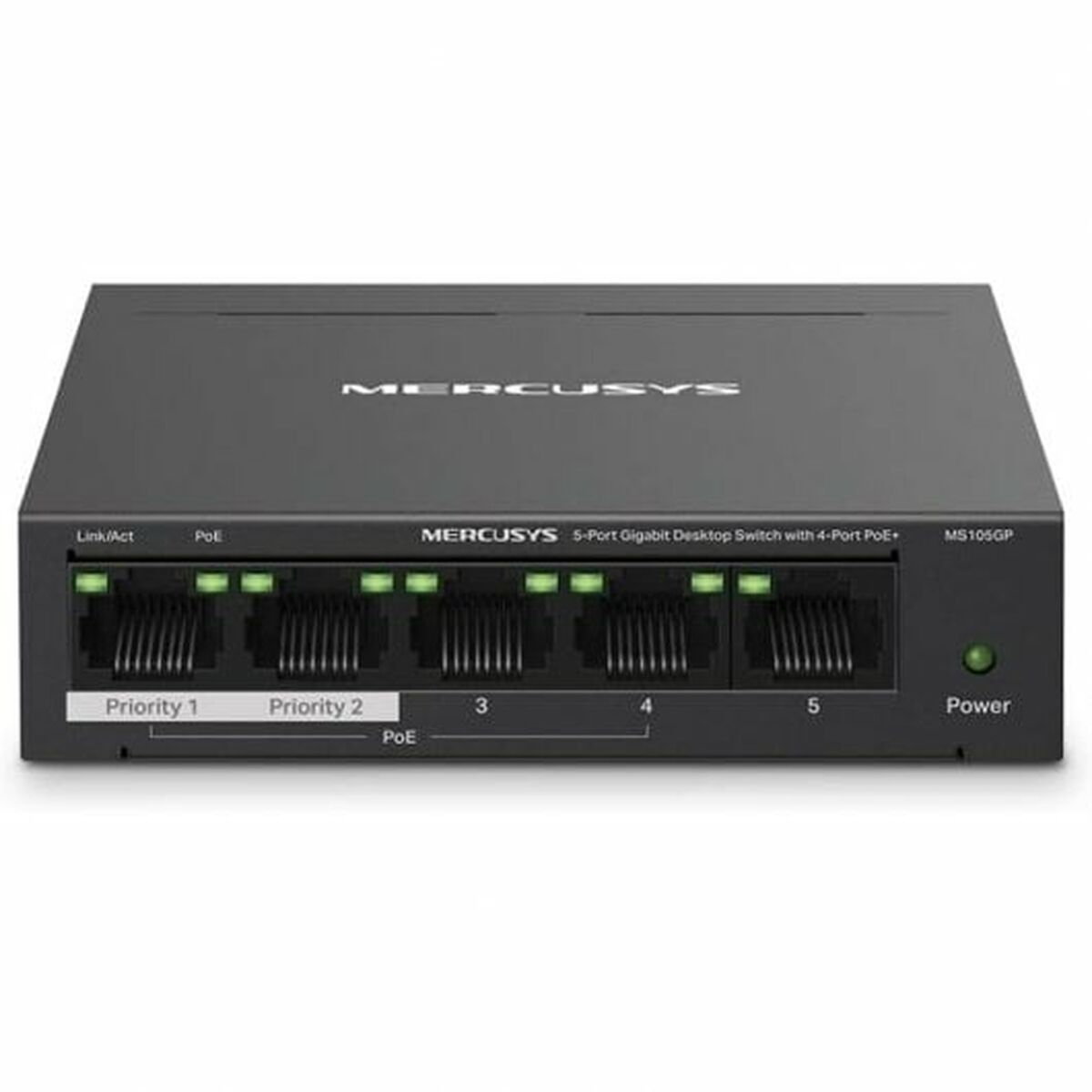 4 Bağlantı Noktalı PoE+'lı Siyah Mercusys 5 Bağlantı Noktalı Gigabit Masaüstü Anahtarı.
