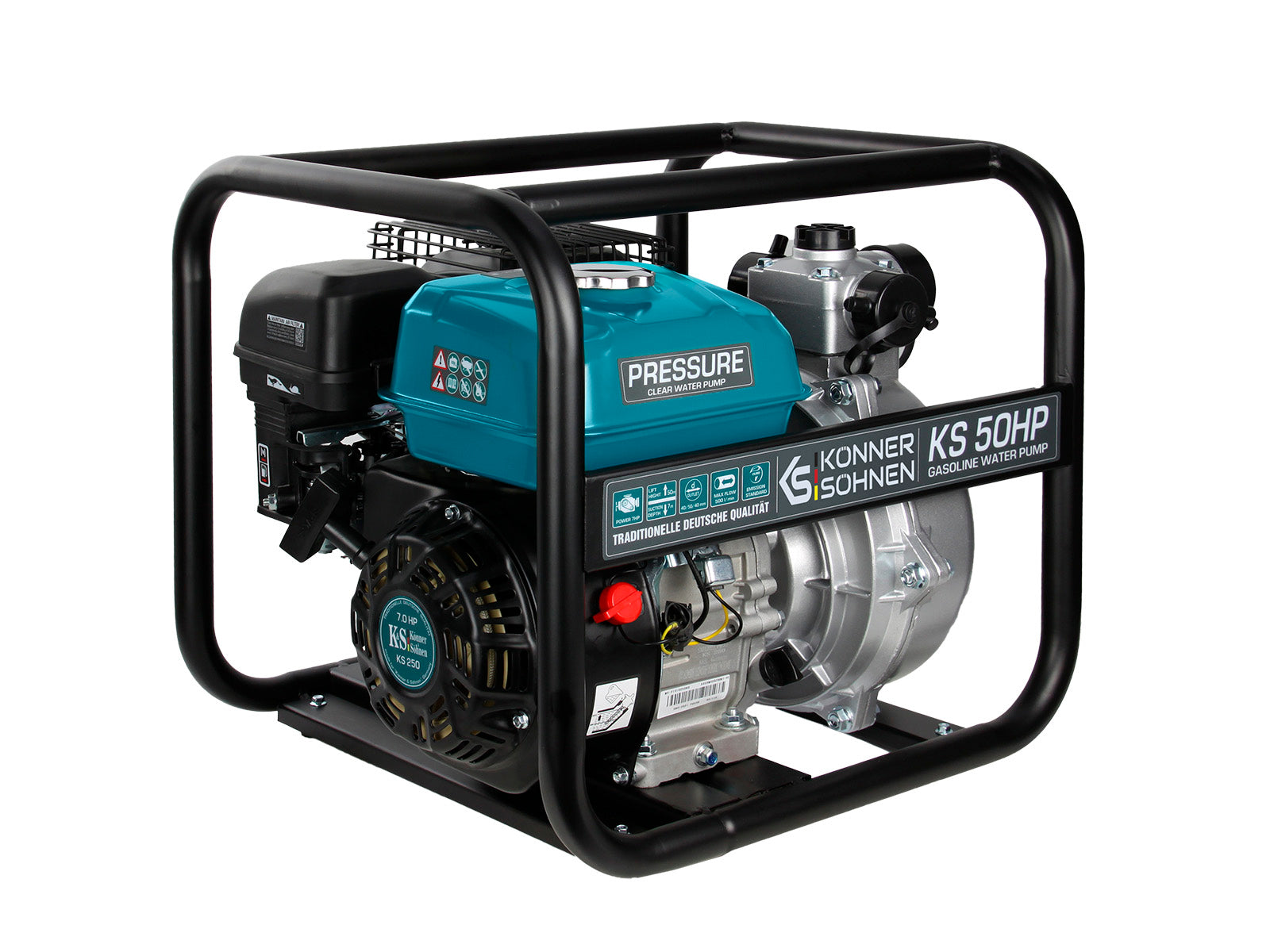 Benzin-Wasserpumpe mit schwarzem Rahmen. Hat einen türkisfarbenen Motorblock und eine silberne Pumpe.