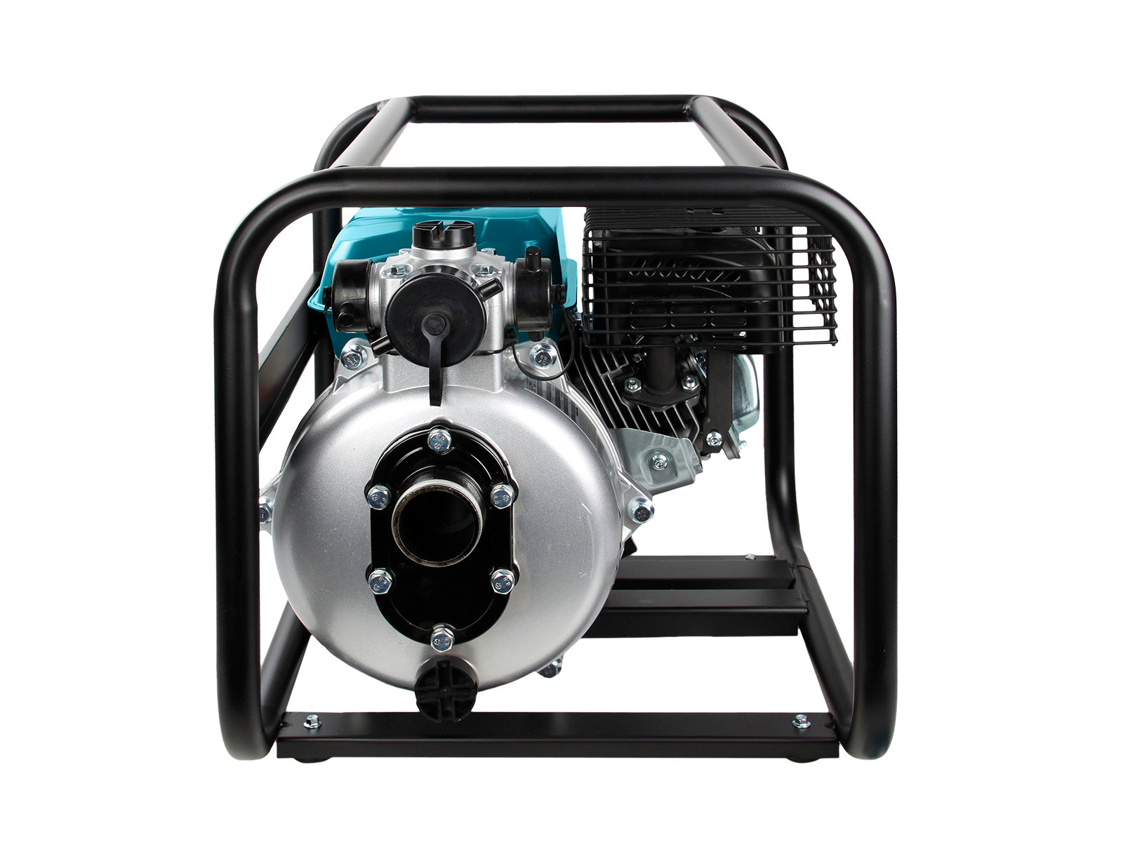 Eine Wasserpumpe mit schwarzem Rahmen, silberner Pumpe und blauem Motor.
