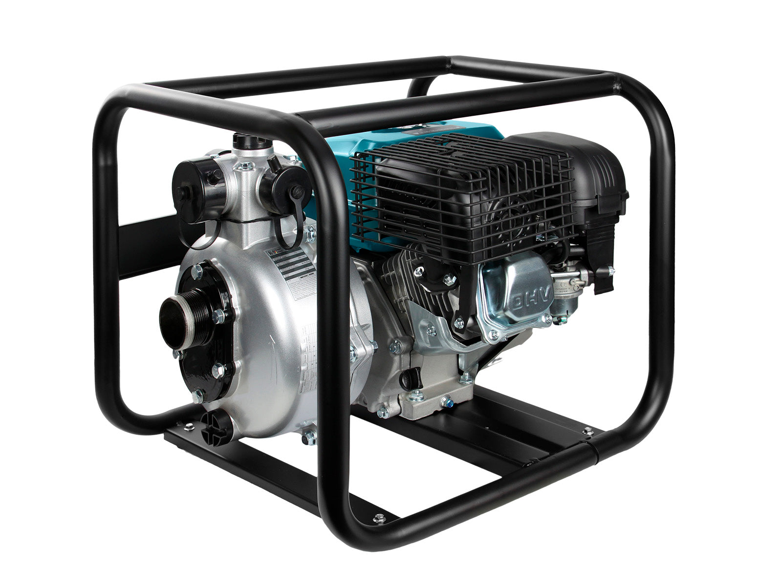 Eine silberne und türkisfarbene Wasserpumpe mit schwarzem Rahmen, Motor sichtbar.