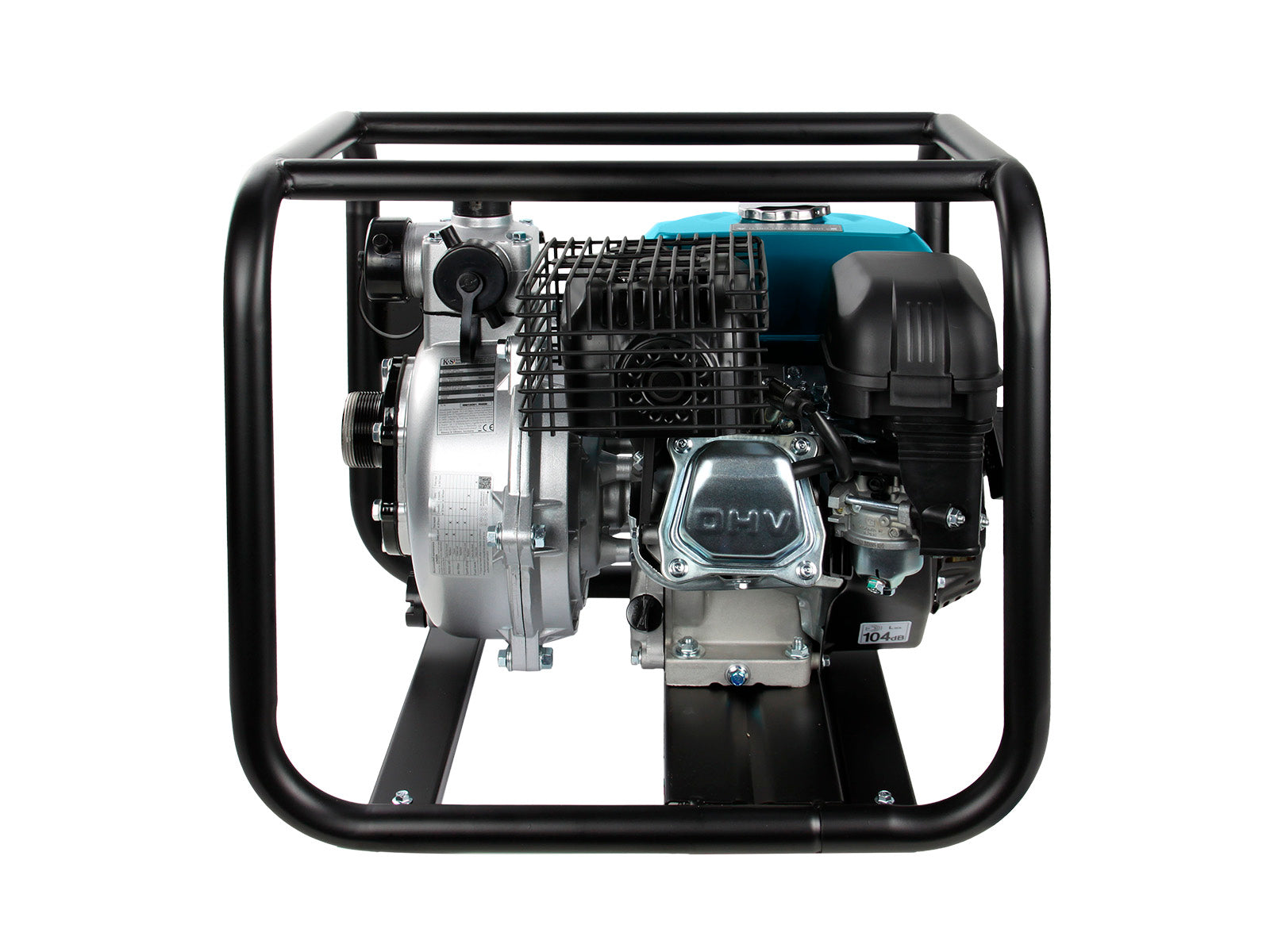 Wasserpumpe in einem schwarzen Metallrahmen. Motor mit tealfarbenem Deckel und silbernen Teilen. Weißer Hintergrund.