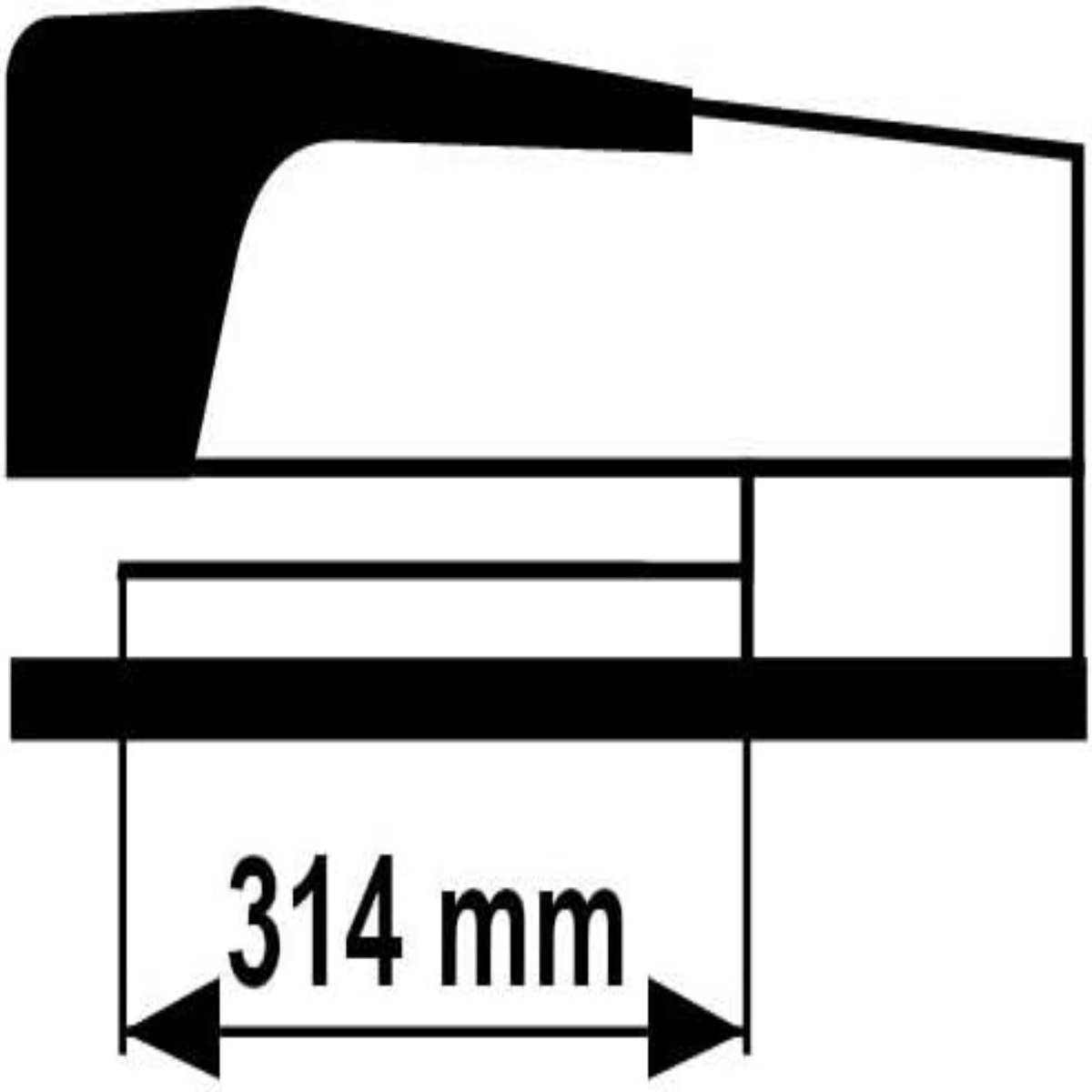 Schwarzer Tacker mit Maßangabe. Schwarz und weiß. Die Abmessung beträgt 314 mm.