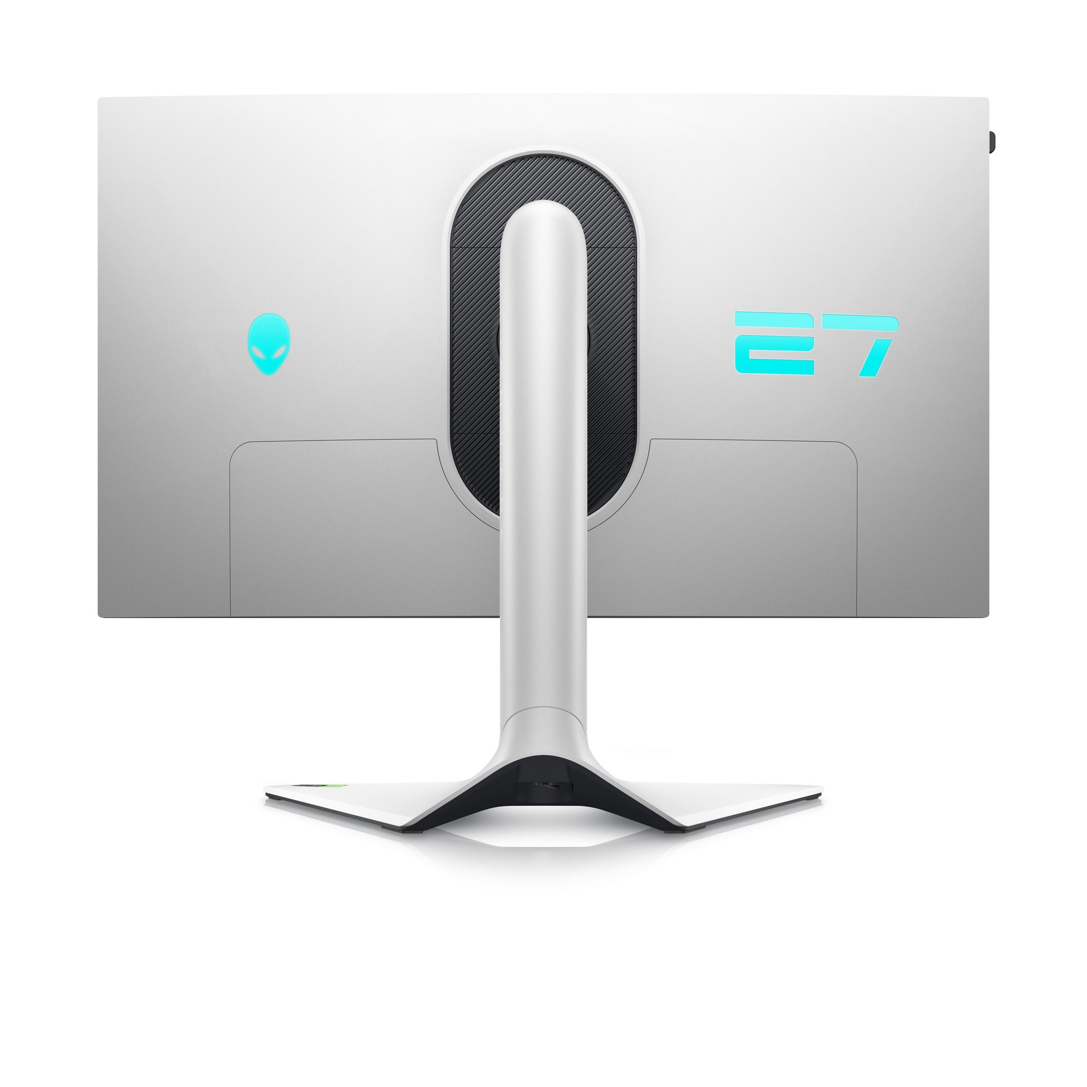 Tył białego monitora ze stojakiem i liczbą 27 w kolorze niebieskim.