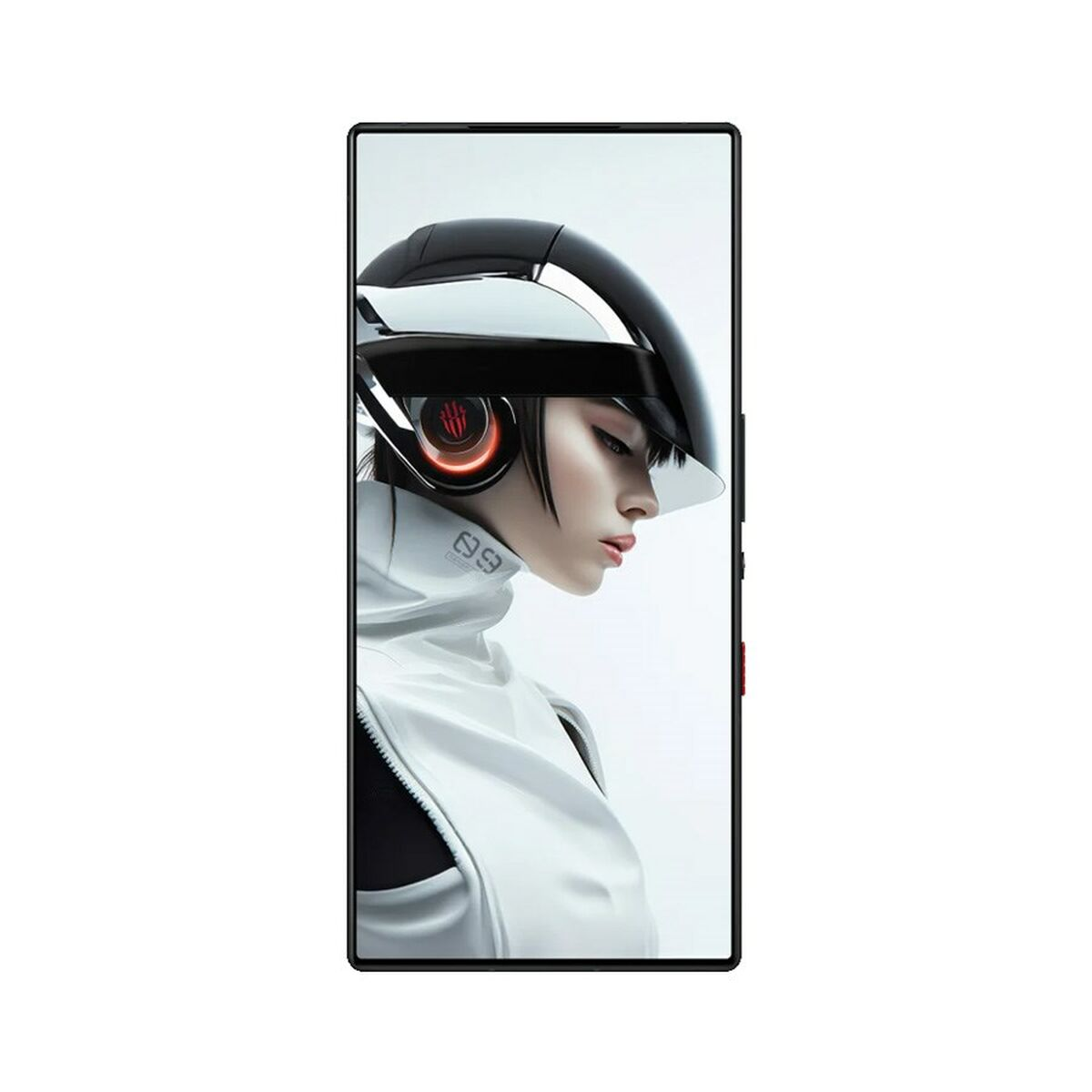 Futuristisches Telefon mit Frauenbildschirm. Das Telefondesign ist elegant und modern.