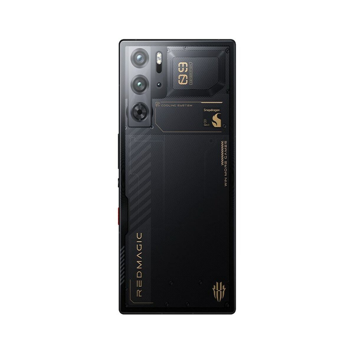 Schwarzes Smartphone mit Dreifachkamera, Rückseite mit einzigartigem Design. Rote Taste an der Seite.