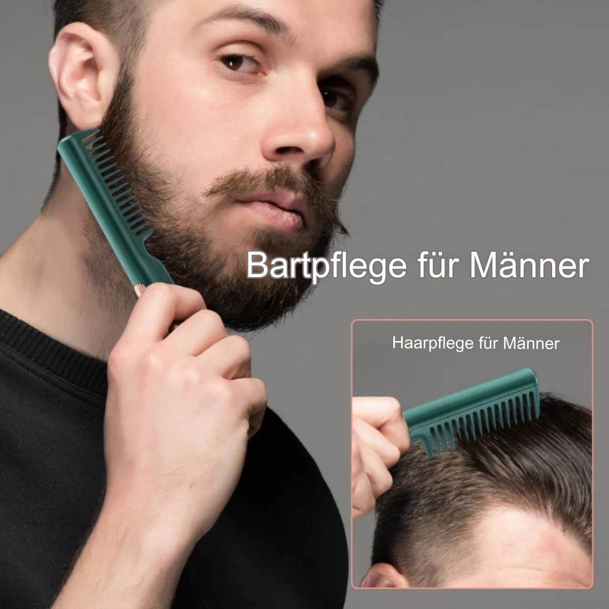 Ein Mann kämmt Bart und Haare mit einem grünen Kamm, wirbt für Bart- und Haarpflege.