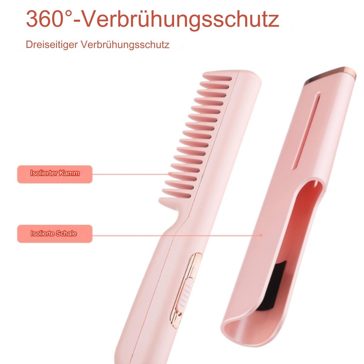 Rosa Haarglätter mit Kammseite und geschlossener Seite, mit Beschriftung.