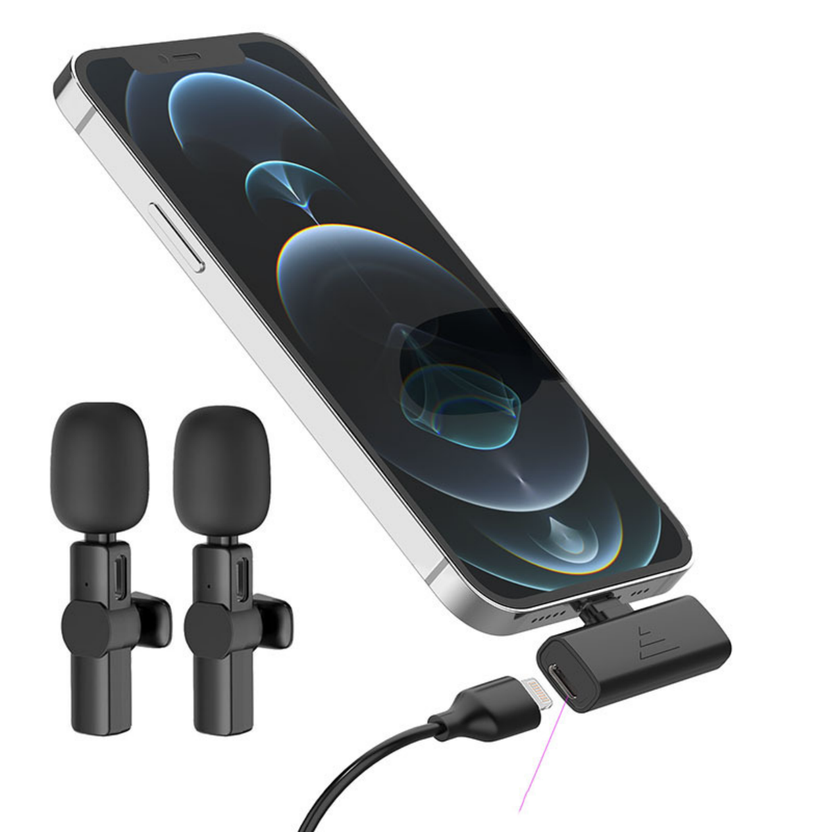 Schwarze Mikrofone mit einem Smartphone gepaart, verbunden über ein schwarzes Kabel und einen schwarzen Stecker.