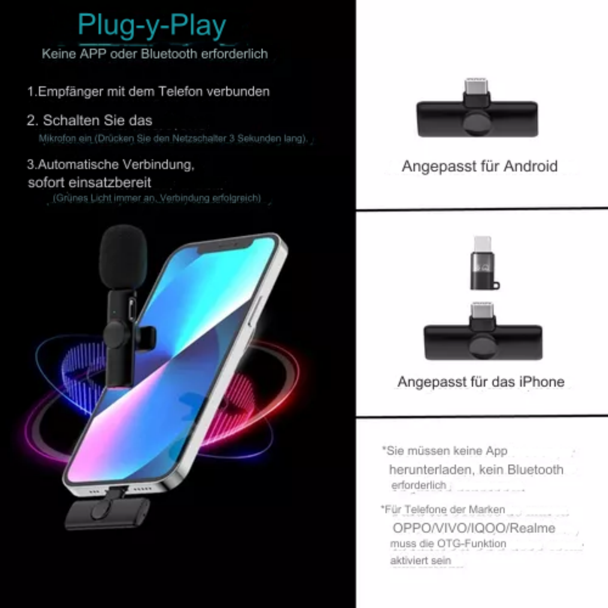 Ein Smartphone mit Mikrofon, Text in mehreren Sprachen.