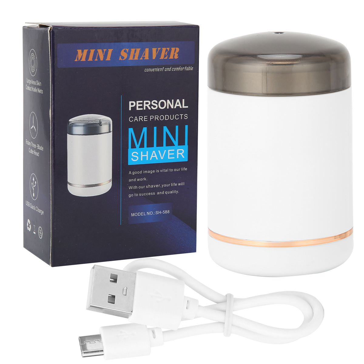 Mini-Rasierer, Ladekabel und eine Box mit Produktdetails.