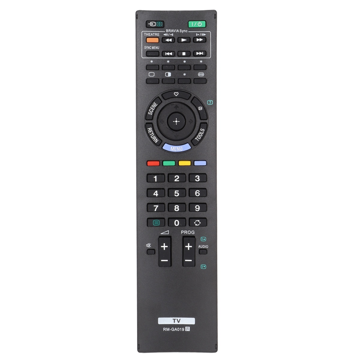 Schwarze TV-Fernbedienung mit vielen Tasten. Enthält nummerierte Tasten, ein Steuerkreuz und verschiedene Funktionstasten.