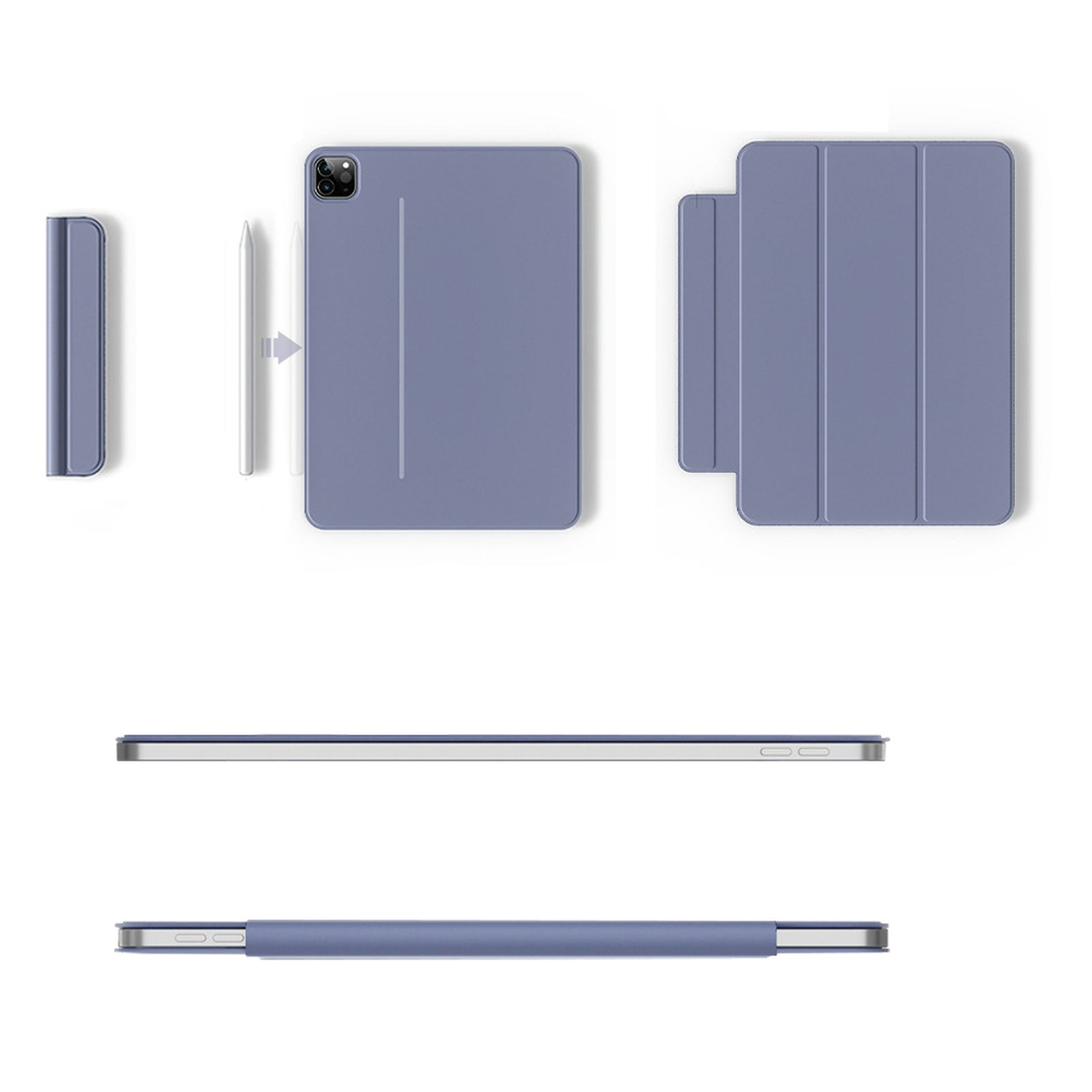 Custodia tablet blu e stilo su sfondo bianco, viste multiple.