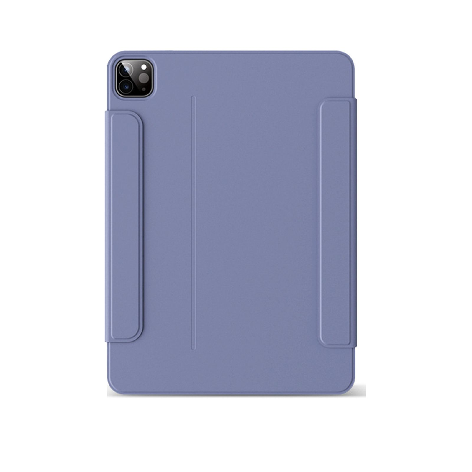 Custodia per tablet viola, chiusa. Mostra un ritaglio per la fotocamera e una chiusura magnetica per la sicurezza.