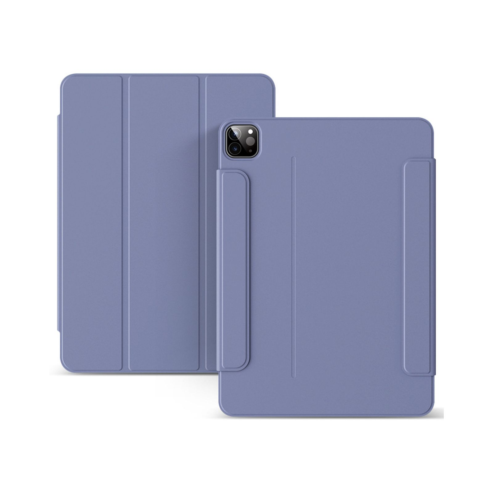 Due custodie blu per tablet, una aperta, con chiusura magnetica.