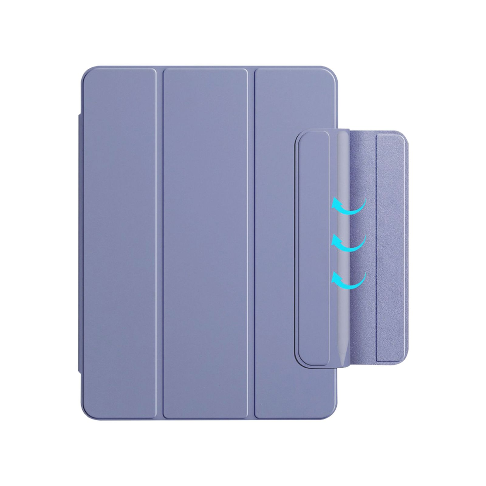 Una custodia per tablet viola con un supporto. La custodia include un supporto per una matita.