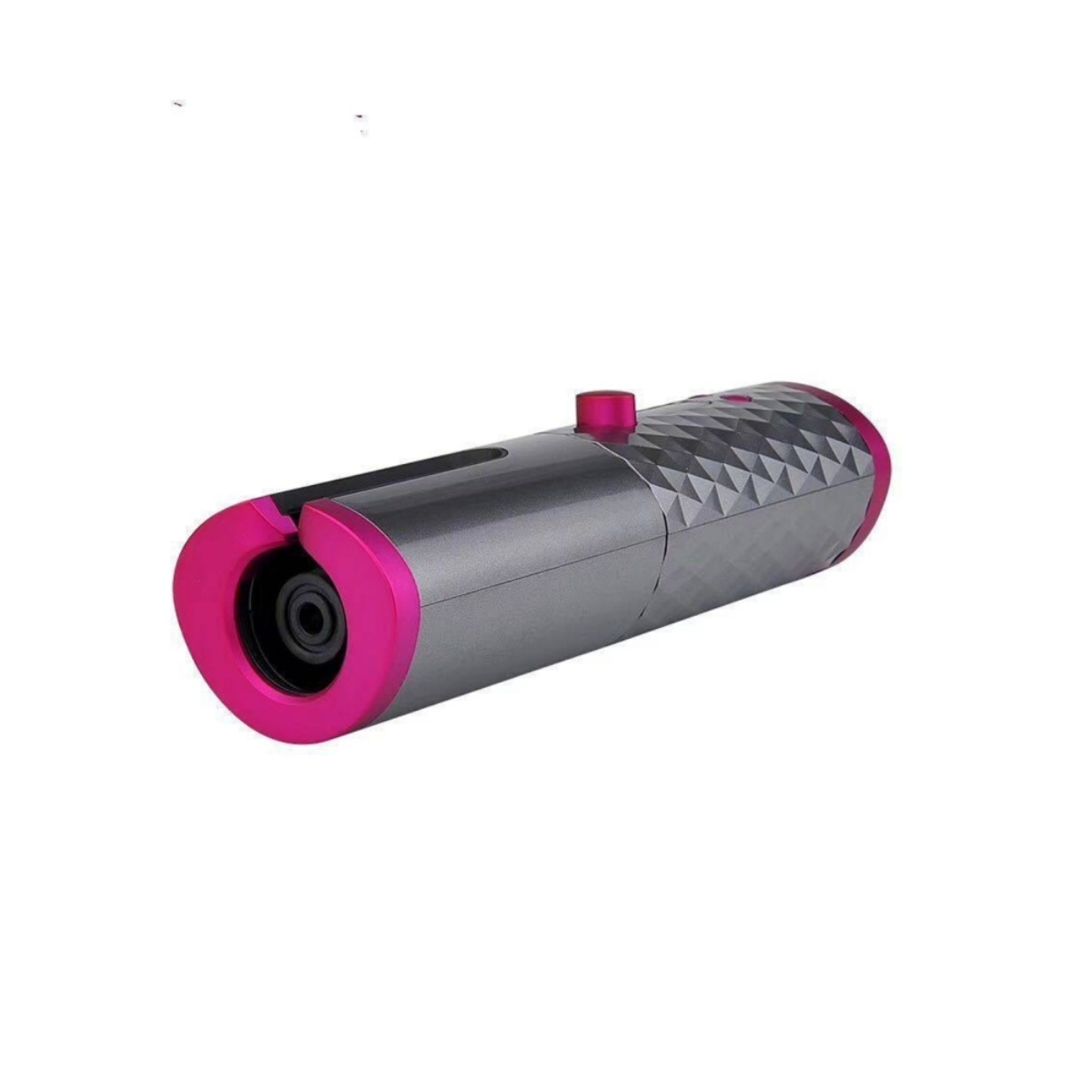Ein graues und pinkfarbenes Lockenstab. Er ist zylindrisch mit einem pinkfarbenen Ende und Diamantenmuster.