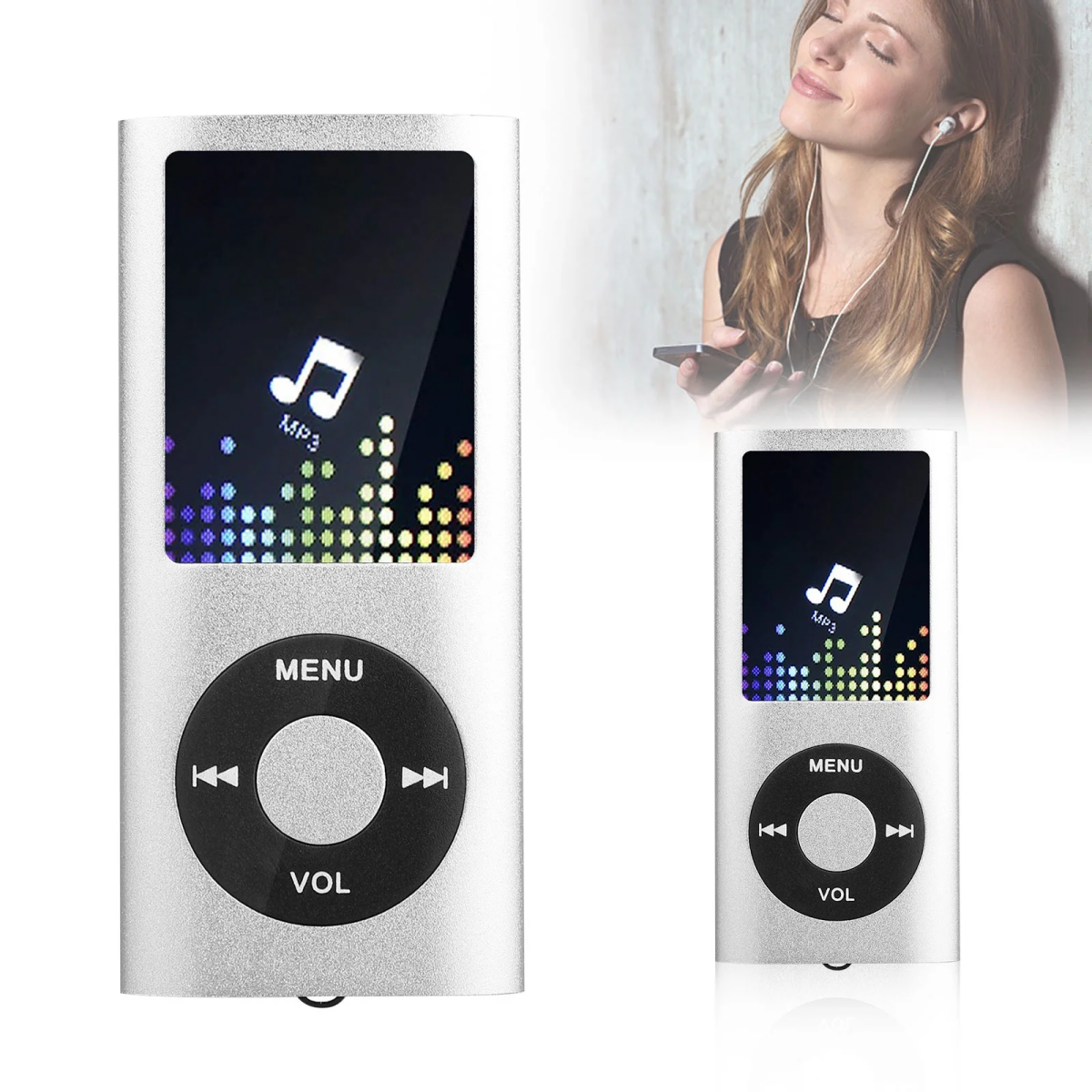 Silberner MP3-Player mit Bildschirm und Bedientasten, und eine Frau, die Musik hört.